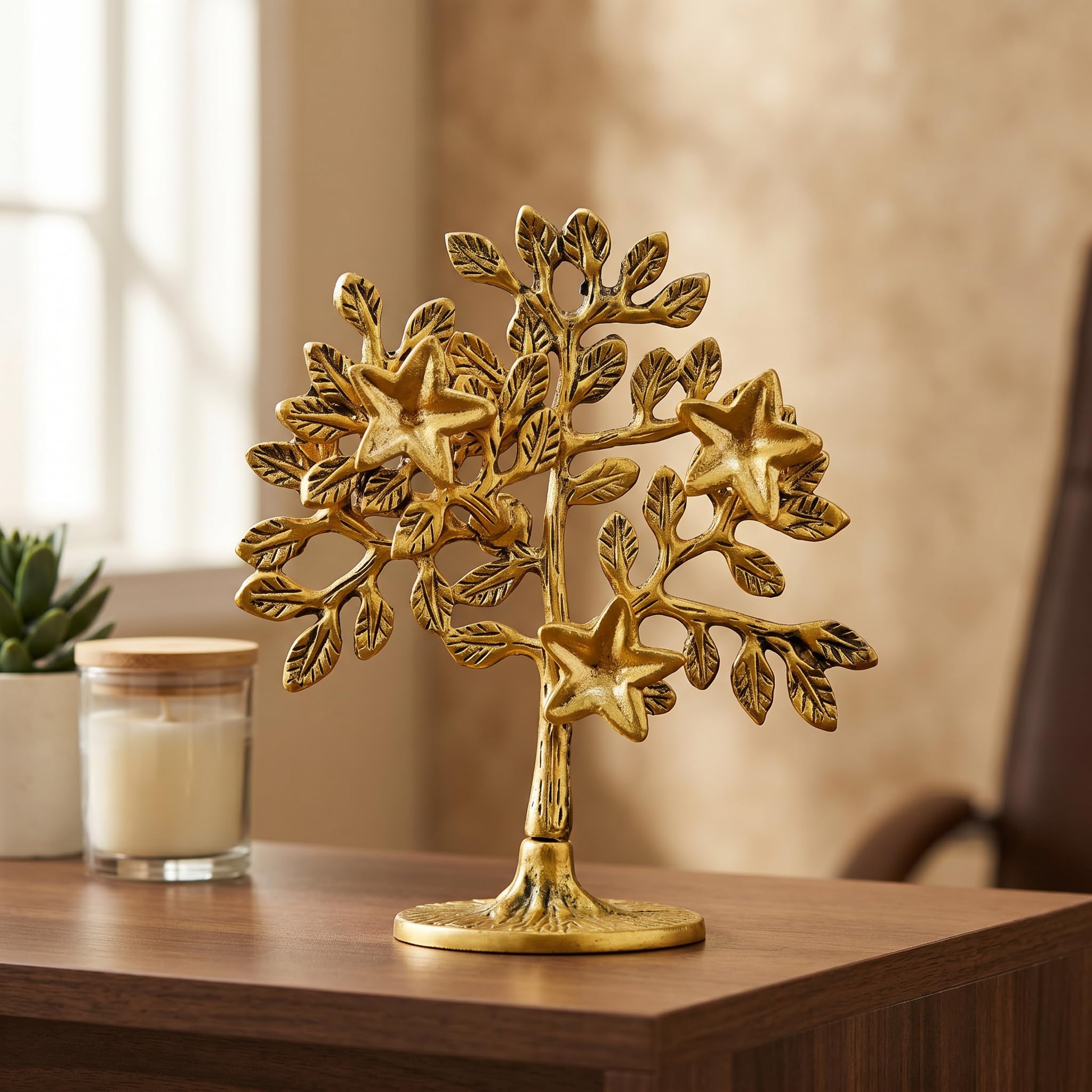 Decodaz Kalpavriksha Tree Showpiece for Home Decor | Handcrafted Golden Antique Metal Finish Wish Fulfilling Tree Idol | Vastu & Feng Shui Gift for Diwali, Housewarming & Office Table Decoration