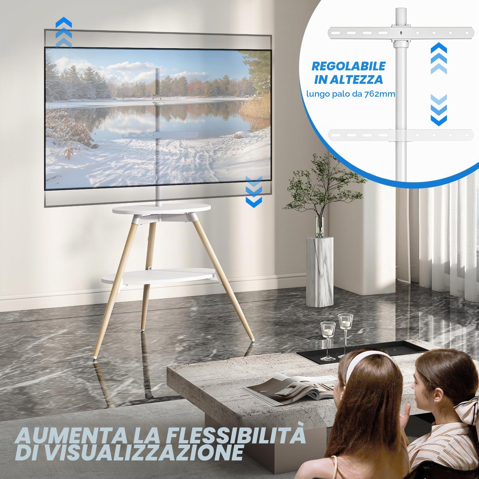 5Rcom Cavalletto per TV con 2 ripiani, girevole e regolabile in altezza, in legno, per schermo LED LCD OLED da 32-65 pollici, VESA max 400 x 400 mm, carico massimo 40 kg, bianco