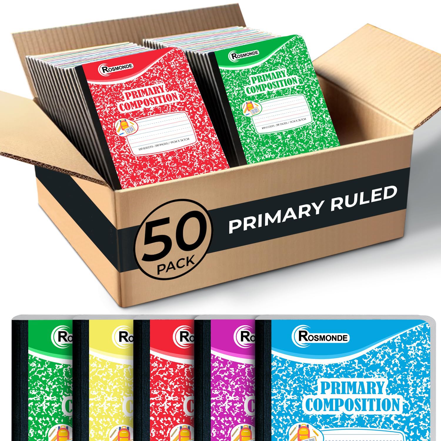 Rosmonde Composition Notebooks Primary Ruled 50 Pack, 200 Pages (100 Sheets), Color Marble Composition Notebook, Sewn Binding Hard Cover, Bulk Primary