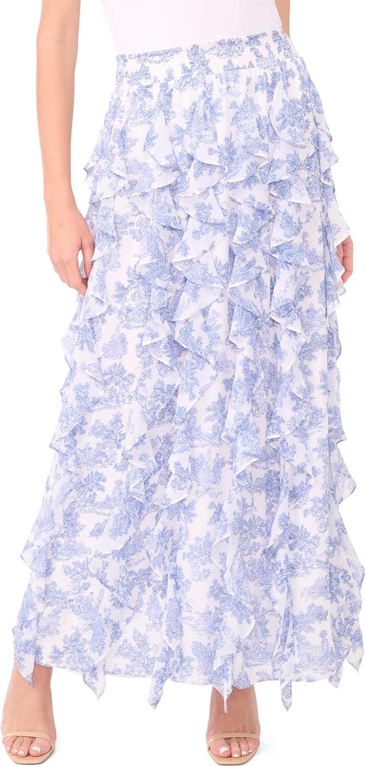 1.State Women's Smocked Waist Ruffled Corkscrew Maxi Skirt