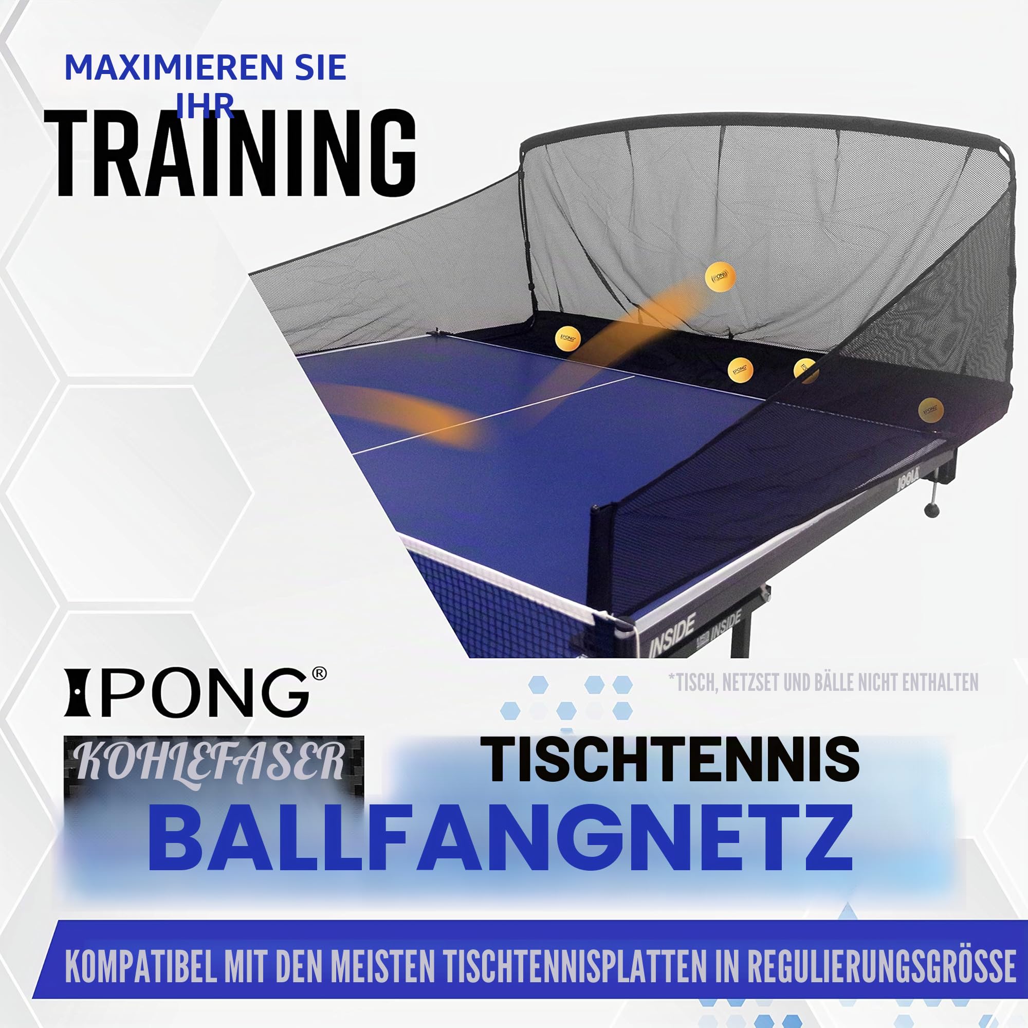 iPong Kohlefaser-Tischtennisball-Fangnetz – Übungsnetz lässt Sich am Tischtennis-Tisch befestigen für Ballsammlung während des Tischtennis-Roboters, Servieren oder Multi-Ball-Trainings