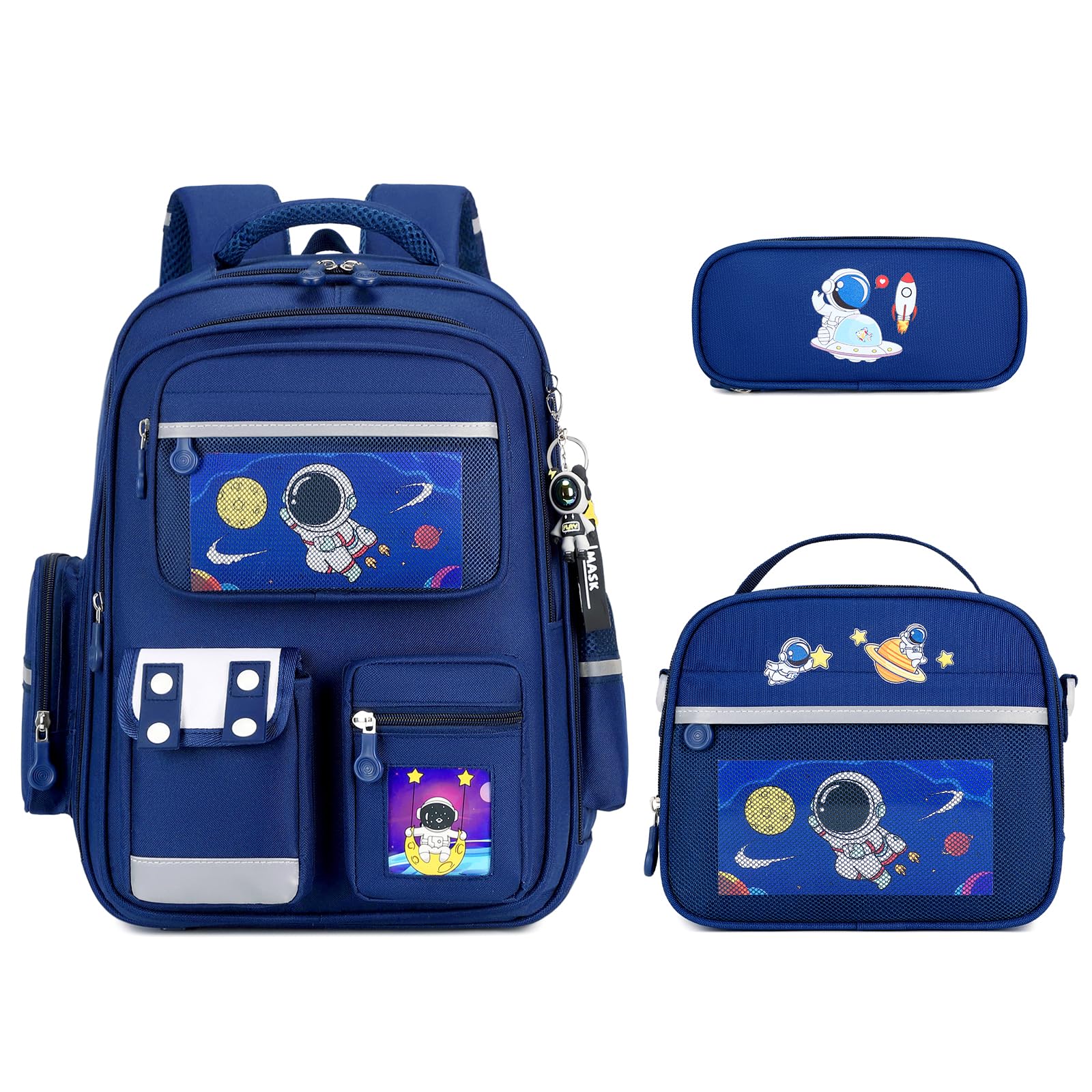 Amythe Cartable Garçon 8-12 Ans CE1 CE2 CM1 CM2 - Sac à Dos École Primaire avec Lunch Bag Trousse - Léger Imperméable avec Ruban réfléchissant – Idéal Rentrée Scolaire - Bleu