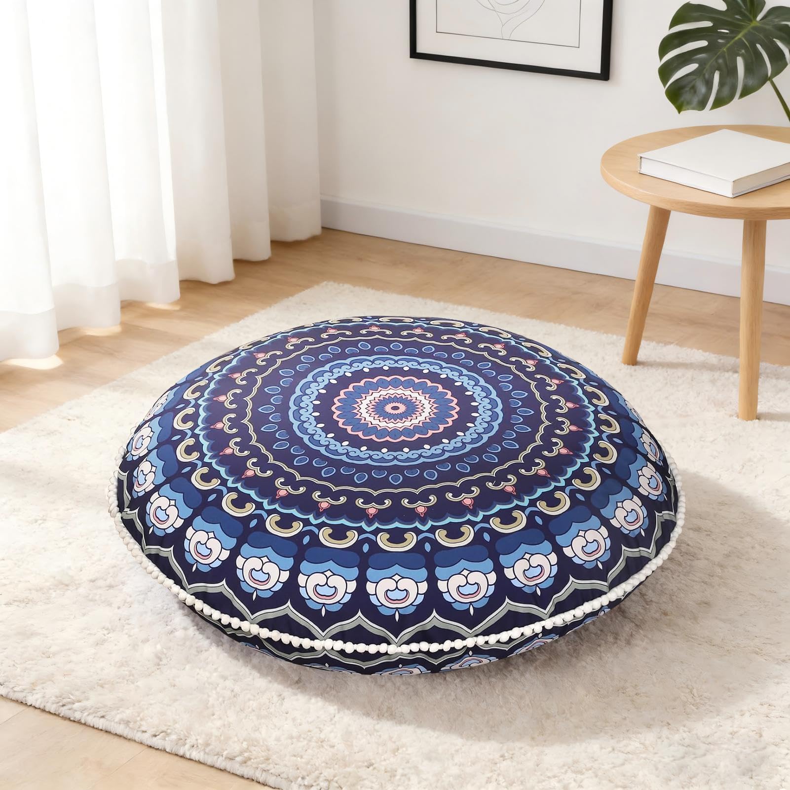 LOVMOC 32 Inch Round Floor Pillow for Adults, Large Thick Memory Foam Boho Mandala Meditation Floor Seating Cushion, Machine Washable for Living Room Outdoor Yoga Floor Sitting, Navy Blue