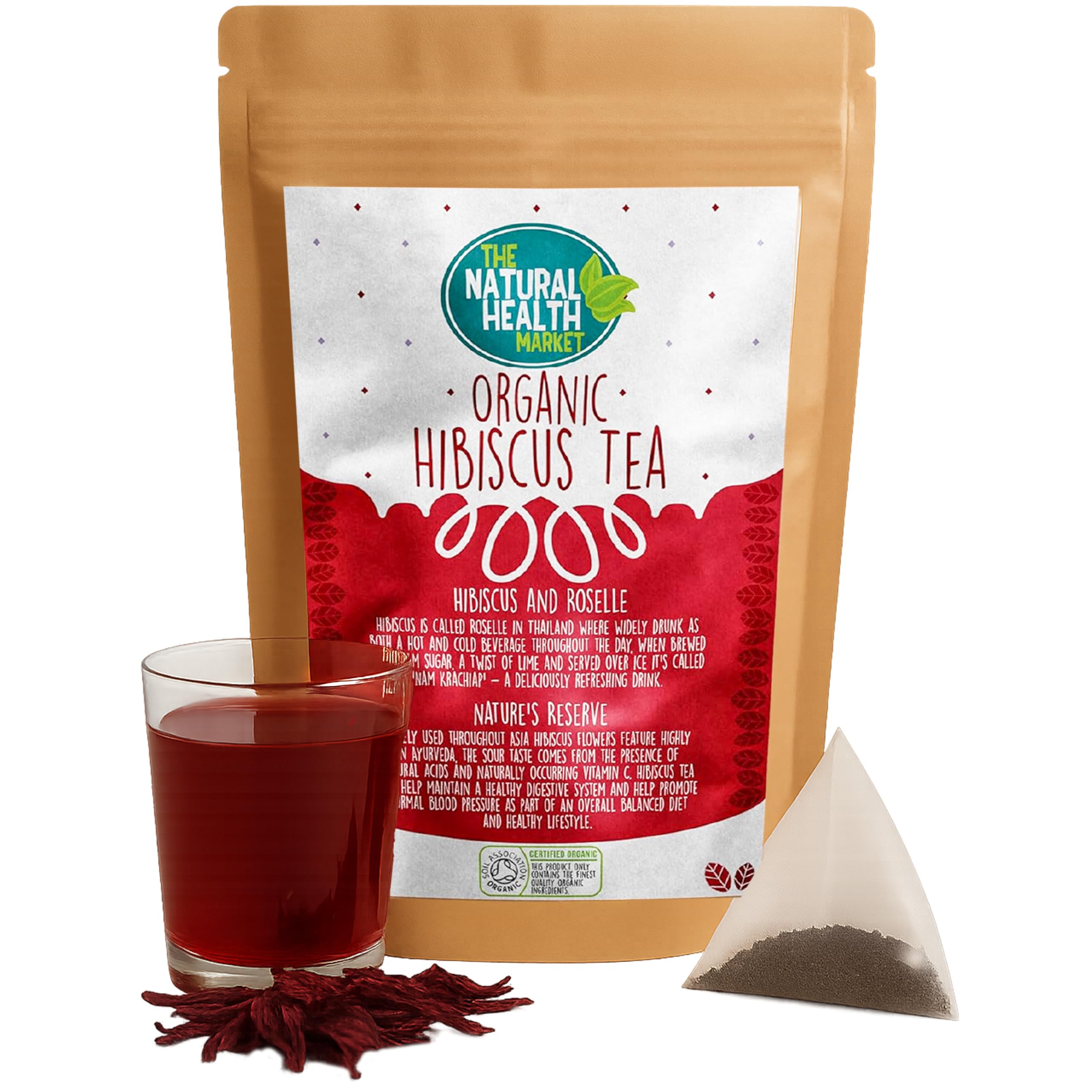 Organic Hibiscus Tea Bags 50 Count – Compostable Pyramid Bags – Soil Association Certified – Natural Hibiscus Powder – Made in Britain by The Natural Health MarketEU OrganicSoil AssociationSoil AssociationSoil Association
