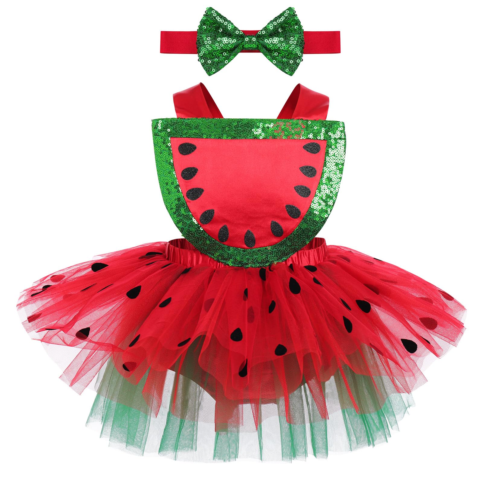Baby Girls 1st 2nd Birthday Outfit Sequin Watermelon Print Tulle Ruffle Sleeveless Backless Princess Party Tutu Dress with Headband Melon Cake Smash Clothes for Photo Shoot Red Watermelon 12-18 Months