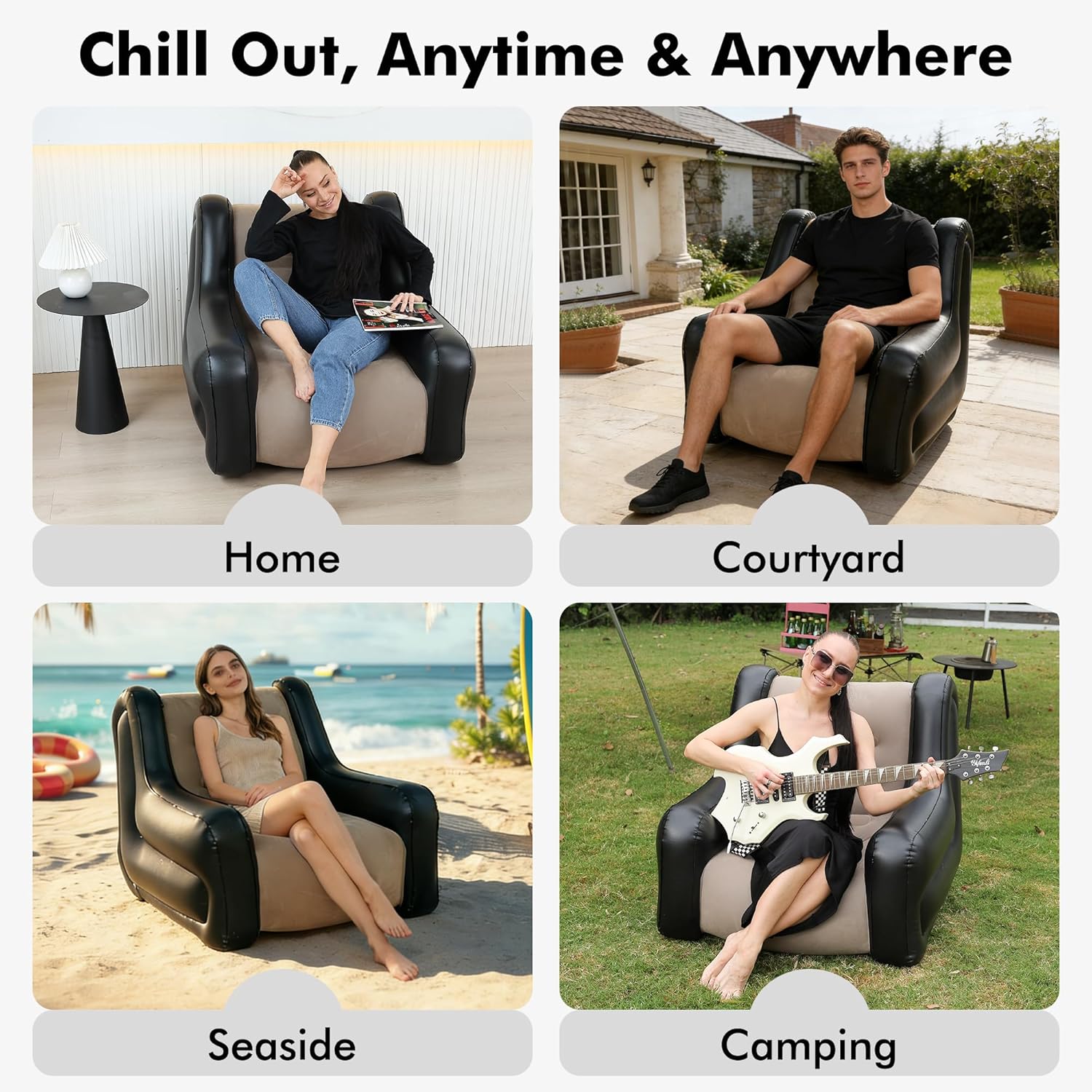 Large Inflatable Leisure Chair, Inflatable Sofa Chair for Outdoor and Indoor Use (Black+Grey, Single Chair)