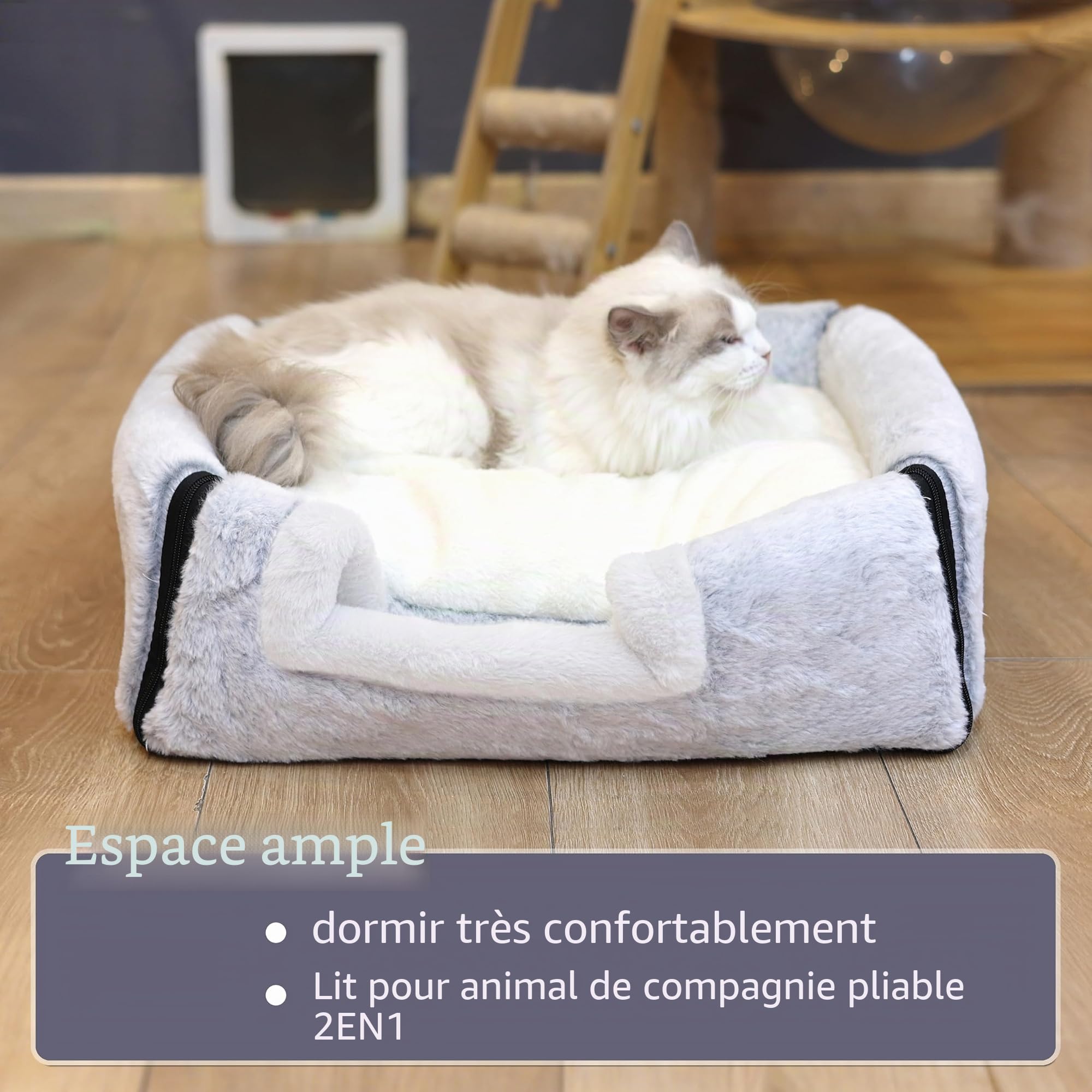 Lit pour Chat d'intérieur Doux et Confortable, avec Coussin rembourré Amovible et Lavable, lit fermé pour Chat, cachette, Tente pour Petit Chien (Gris)