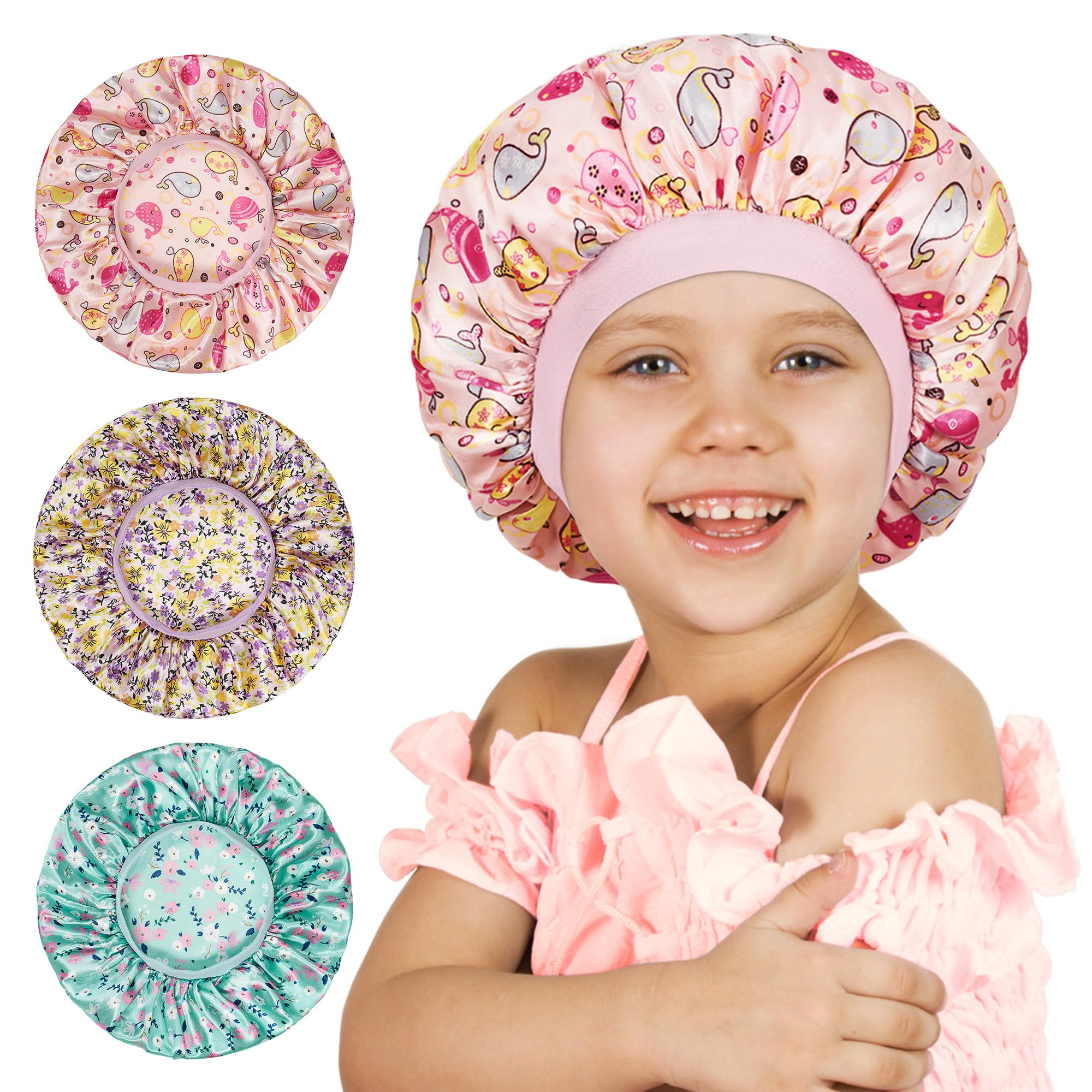 3 Pcs Bonnet for Kids, Kids Bonnets for Girls, Satin Silk Hair Bonnet for Sleeping, Soft Wide Band Sleep Cap for Curly Hair Braids for Teens Child