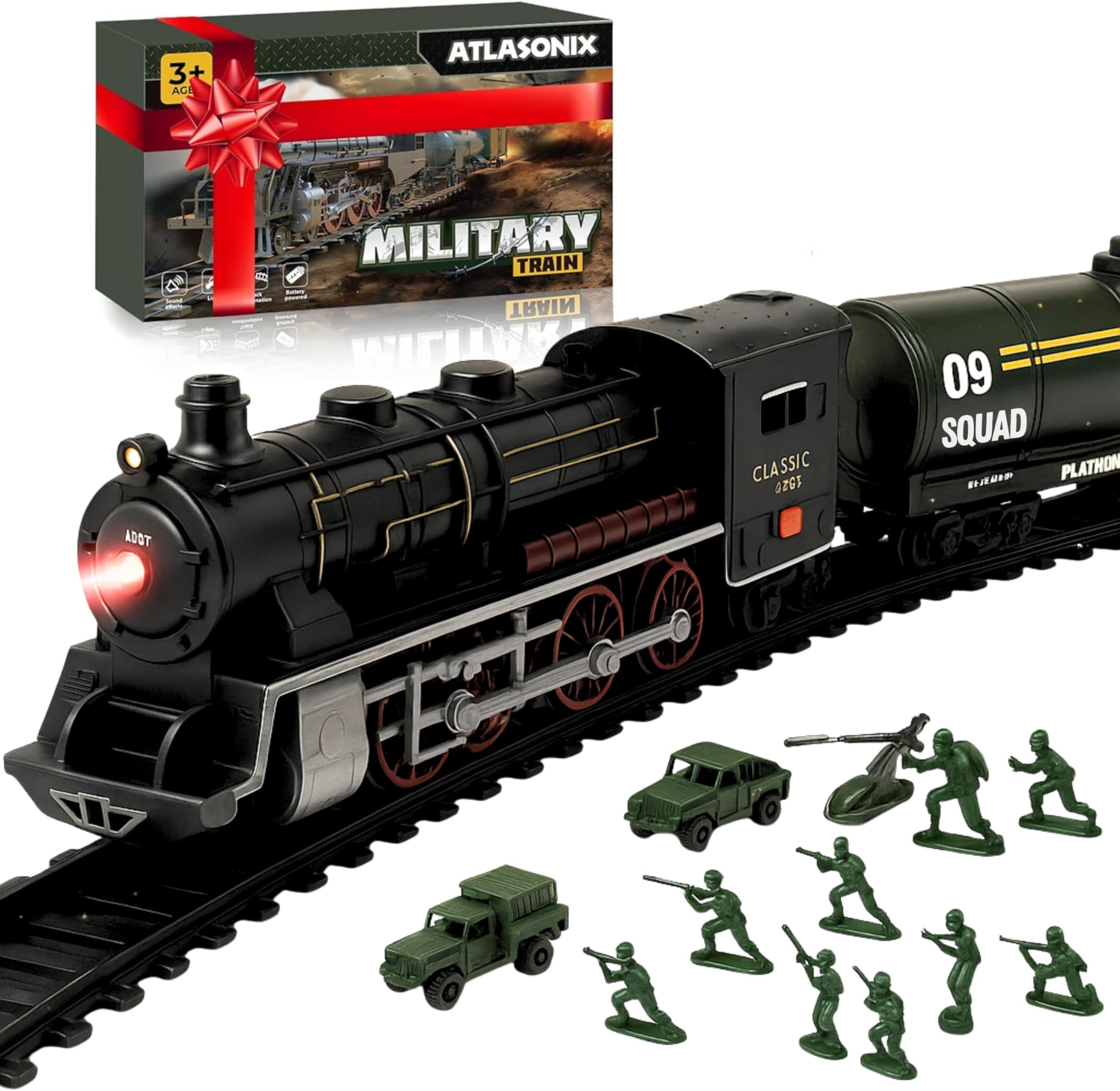 USA Electric Express Train Set for Kids Ages 4-8 - Military Toy Polar Train Model with Helicopter, Tank, Soldiers & Tracks - Around The Tree Fun Birthday Gift for Boys Ages 2-4