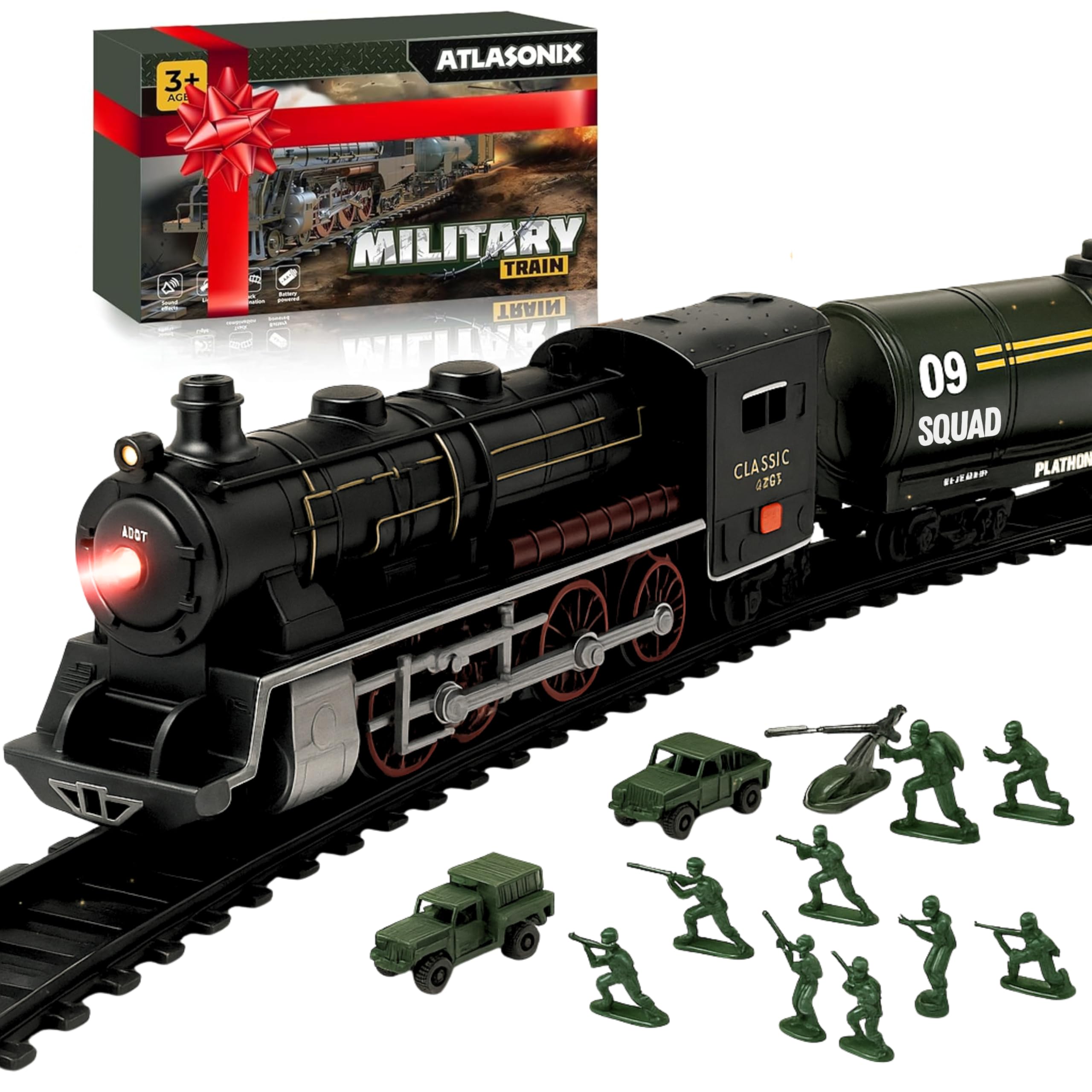 Atlasonix USA Train Set for Kids - Includes Toy Train, Helicopter, Tank, Soldiers, and Train Tracks - Military Toy Train Set for Boys Ages 3,4,5,6,7,8 - Birthday/Xmas Gift for Kids 3-8 Years