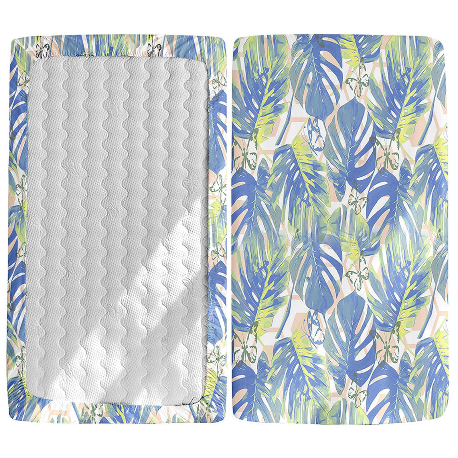 Odot Cot Bed Fitted Sheets, Plant Leaves Pattern Cot Bed Sheet Fitted Sheets for Cribs Baby Bed Sheets Soft Bassinet Sheets Cot Bed Mattress Protector for Boy Girl (80x160cm,Blue Leaves)