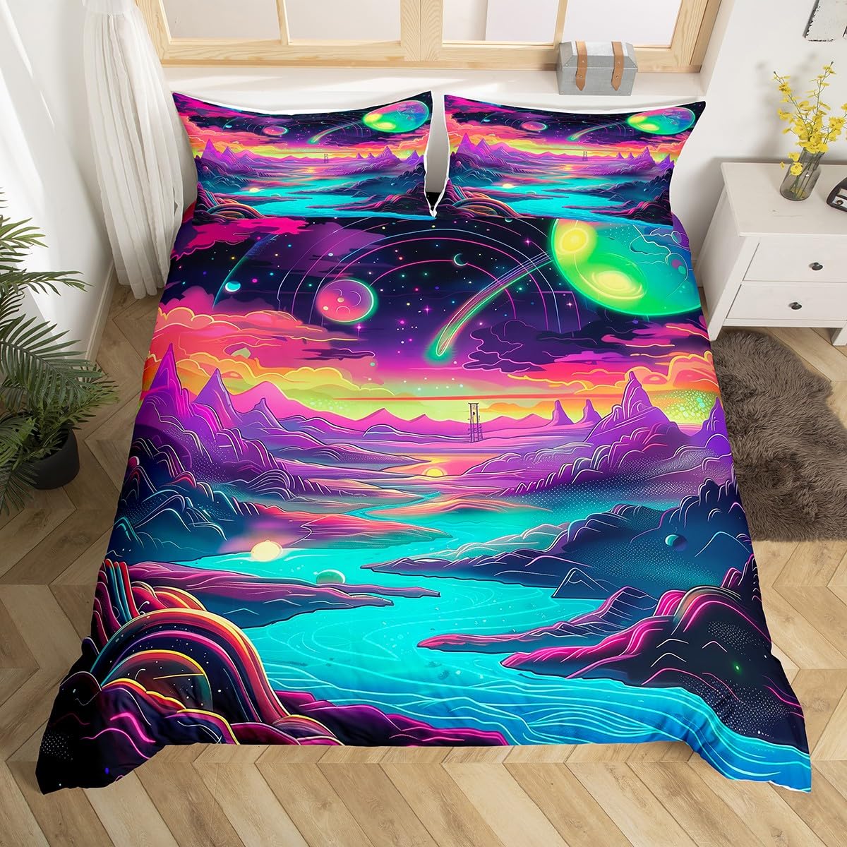 Homewish Mountain King Kids Bedding Set Galaxy Stars Duvet Cover,Oil Painting Comforter Cover for Boys Girls Teensouter Space Bed Cover Lake View Bed Cover,Teal Purple