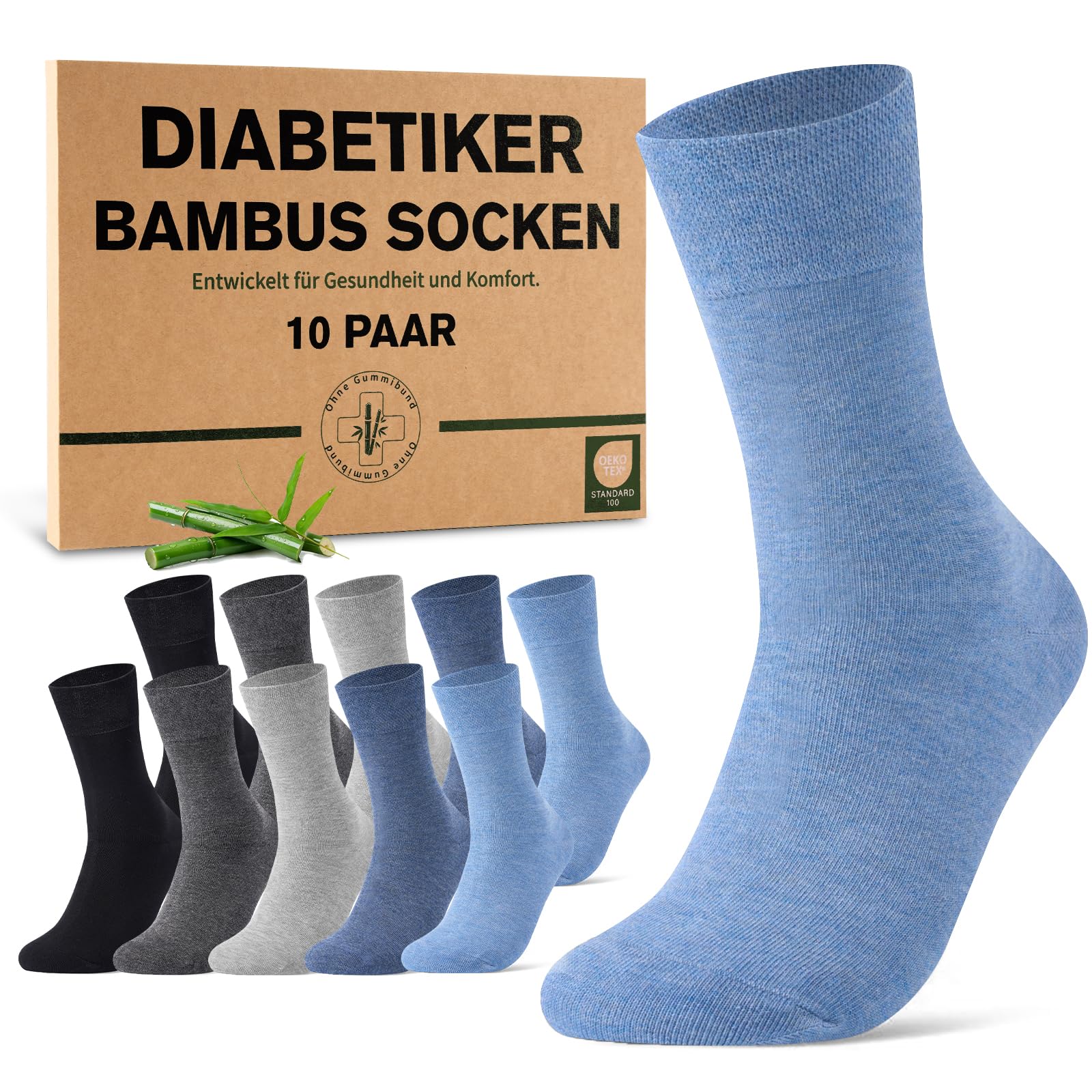 BambooHop Bambus Diabetikersocken Herren Damen 10 Paar, ohne Gummibund | ohne Gummi ＆ ohne Naht, Weich und Bequem Diabetiker Bambus Socken die Nicht Einschneiden, Gesundheitssocken mit Komfortbund
