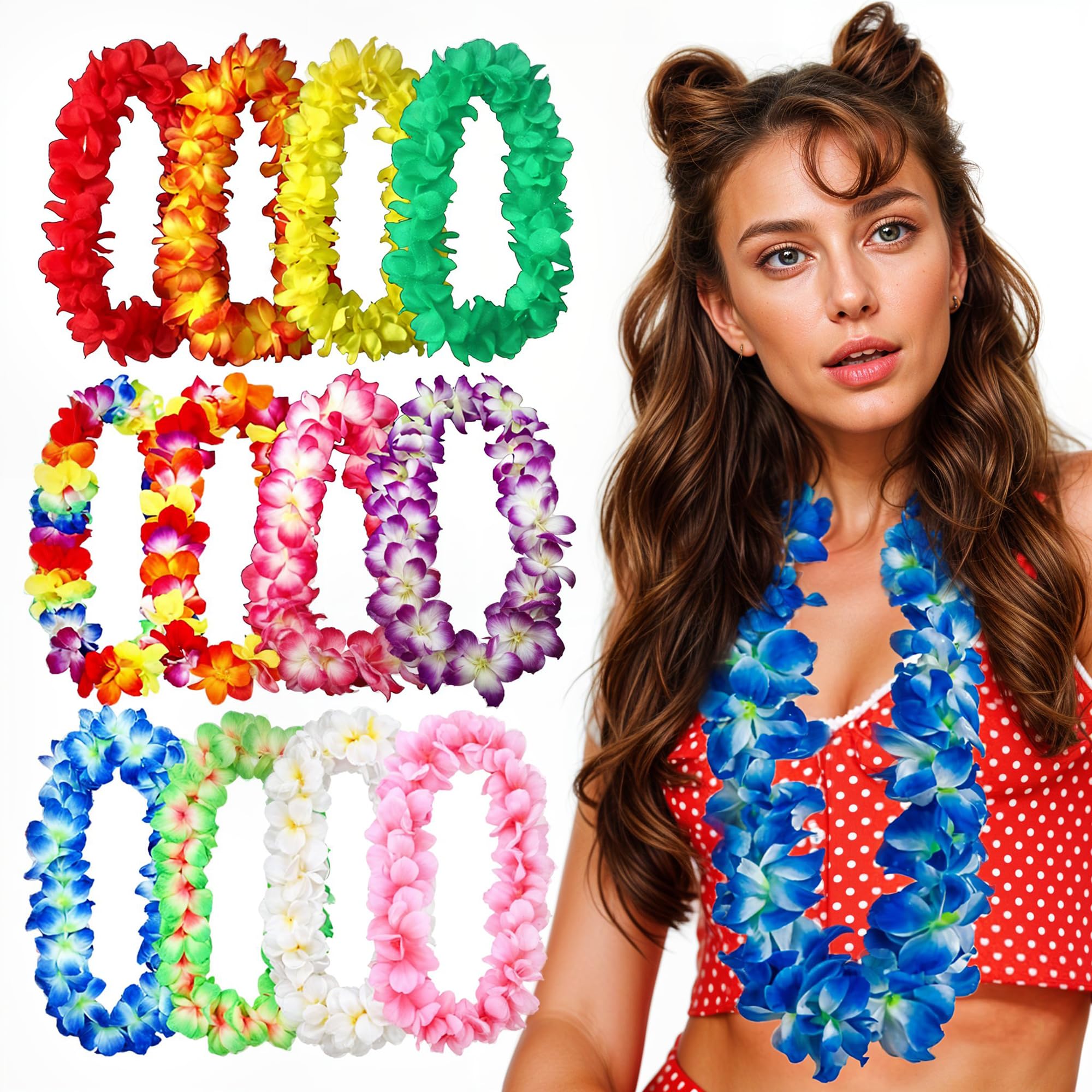 12 Pcs Hawaiian Garland Flower Lei Bulk, Tropical Flower Lei Hawaiian Lei Beach Hawaii Luau Alo Party Favors Decoration Birthday Party Supplies For Adults Kids (Mixed Lei Garlands)