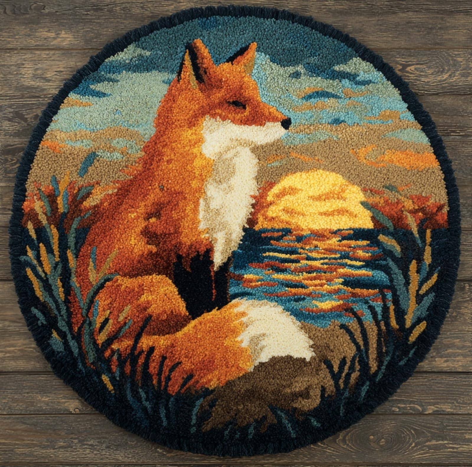 WallustrioaW DIY Carpet Latch Hook Kits,Fox by the River,Latch Hook Rug Kits for Adults Beginners DIY Needlework Crocheting Rug Home Decor,50x50cm