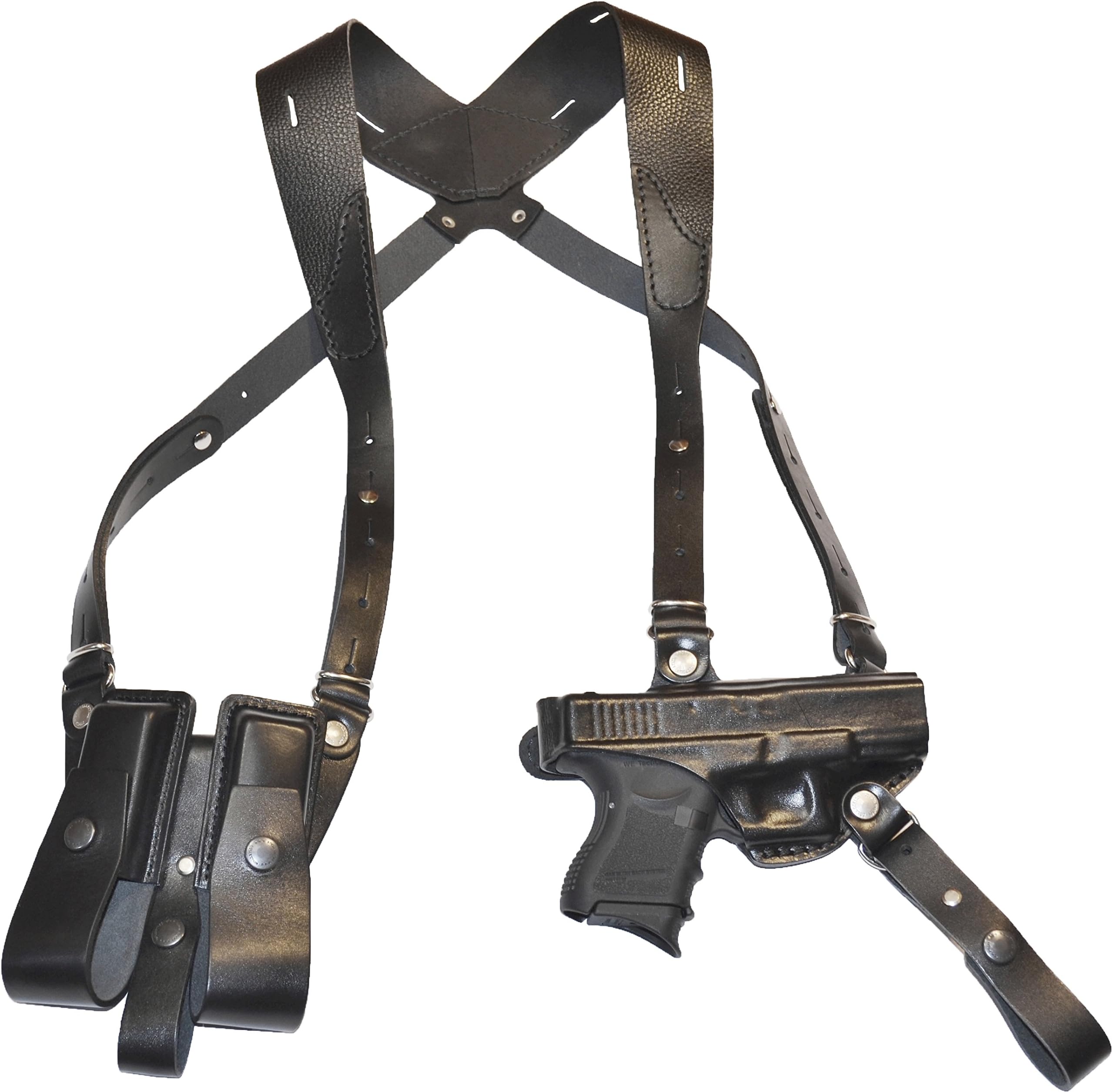 Glock 19, 23, 25, 32, 38 Shoulder Gun Holster with Double Magazine Holder, Genuine Leather, Black, RH