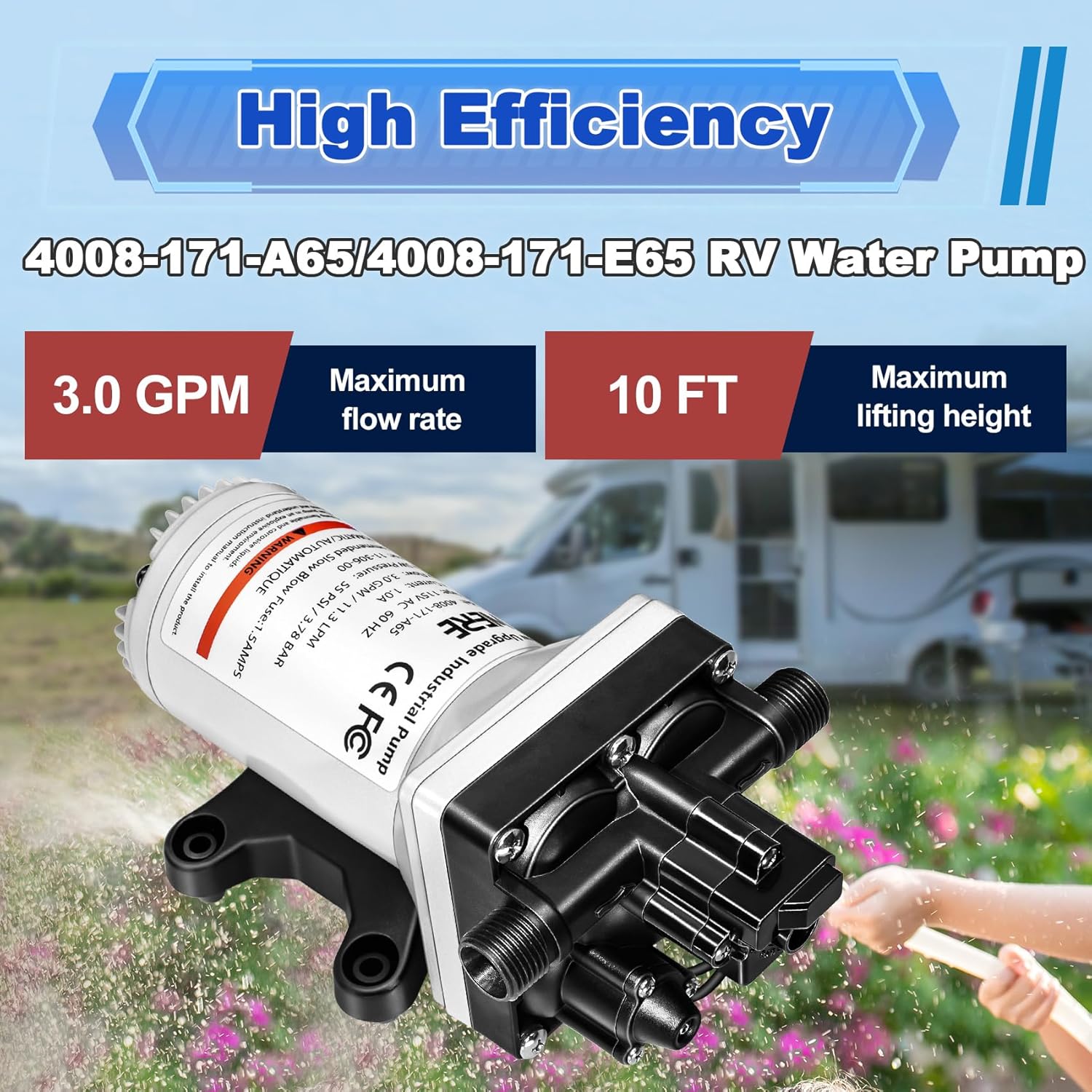 4008-171-A65/E65 RV Water Pump with Strainer,115V 55 PSI 3.0 GPM Camper Water Pump-1/2MNPT Connection,Fit for Camper,RV,Shower,Sprayer | Self Priming | On Demand Diaphragm | Quiet Operation