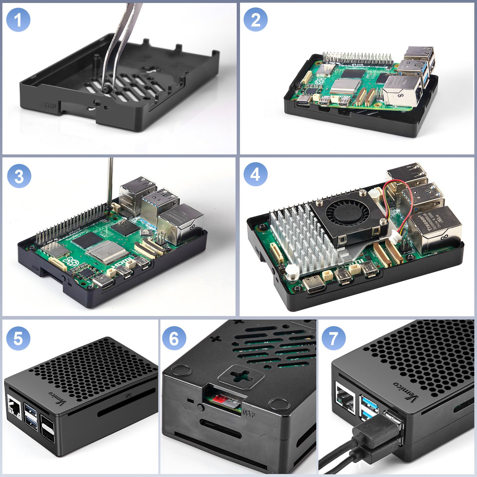 Vemico Raspberry Pi 5 16GB Kit con Pi 5 16GB scheda singola, dispositivo di raffreddamento attivo, custodia protettiva, scheda di garanzia e cacciavite