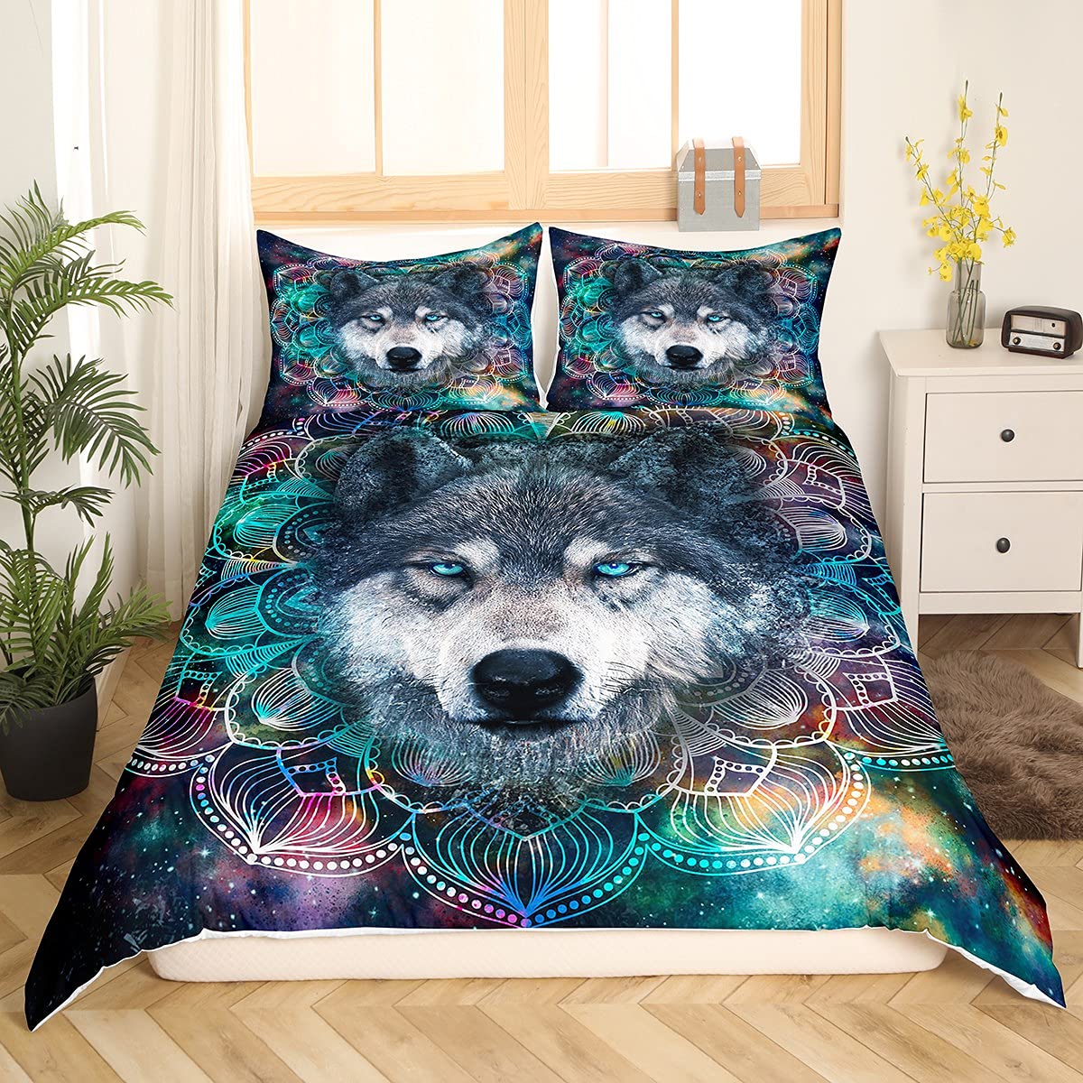 Wolf - Juego de ropa de cama para niños y niñas, estilo bohemio, estilo bohemio, ropa de cama y lino, estilo bohemio, ropa de cama y lino, diseño floral exótico, 3 piezas
