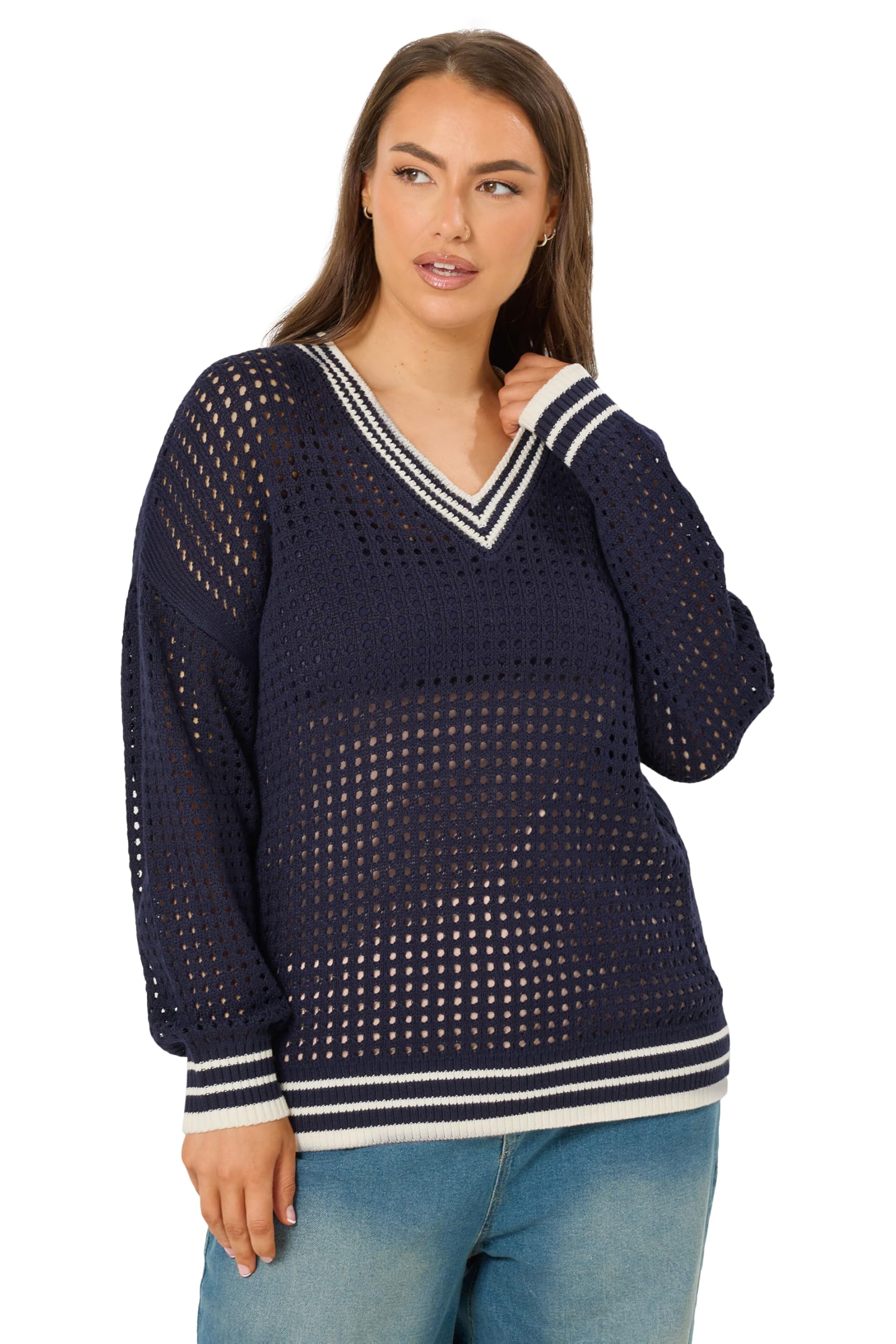 Yours Women's Navy Curve Blue Crochet Contrast Trim Jumper - Plus Size Curve