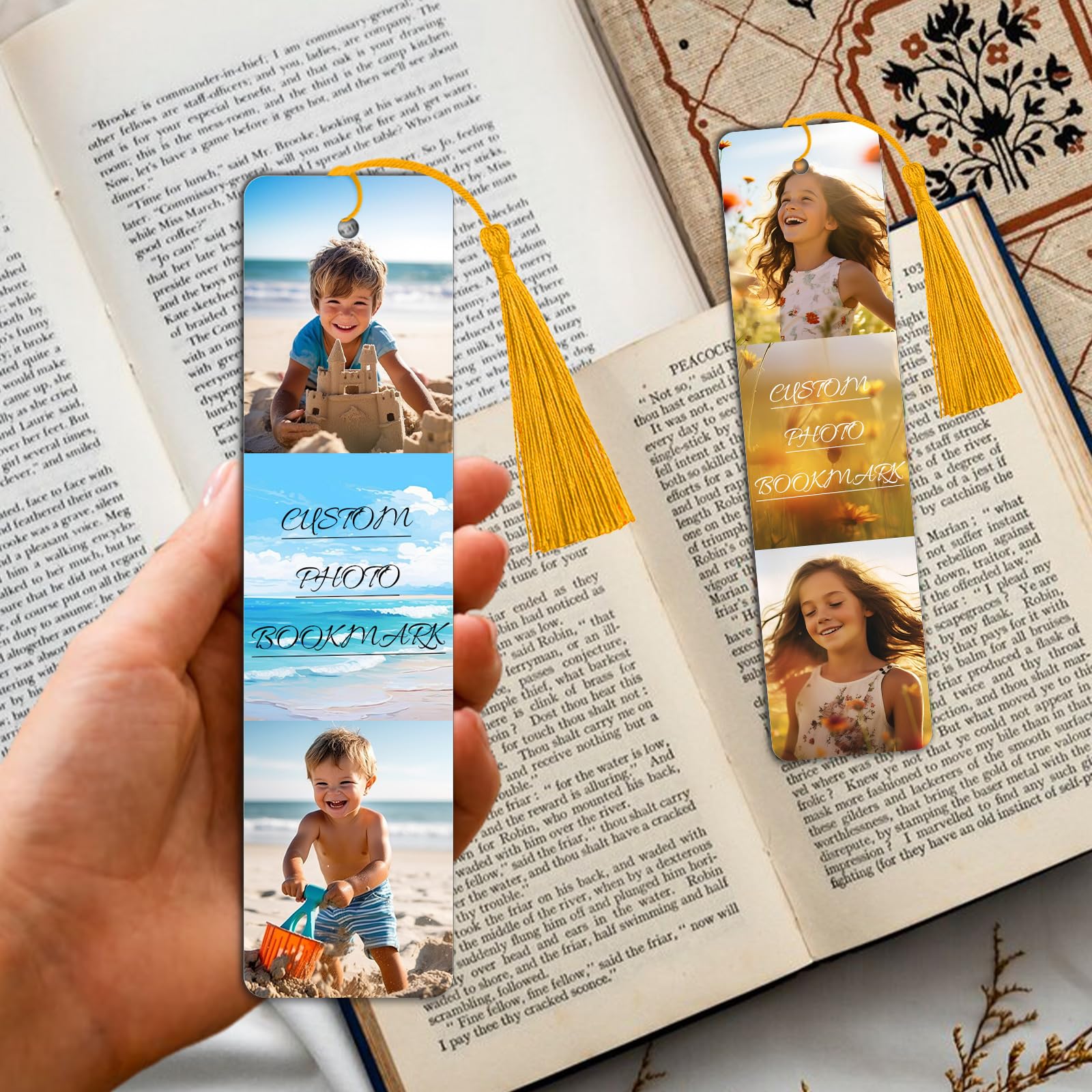 Personalized Bookmark with Picture Text Metal Custom Bookmarks with Tassel Double-Sided Custom Engraved Photo Color Bookmark for Book Lovers Kids