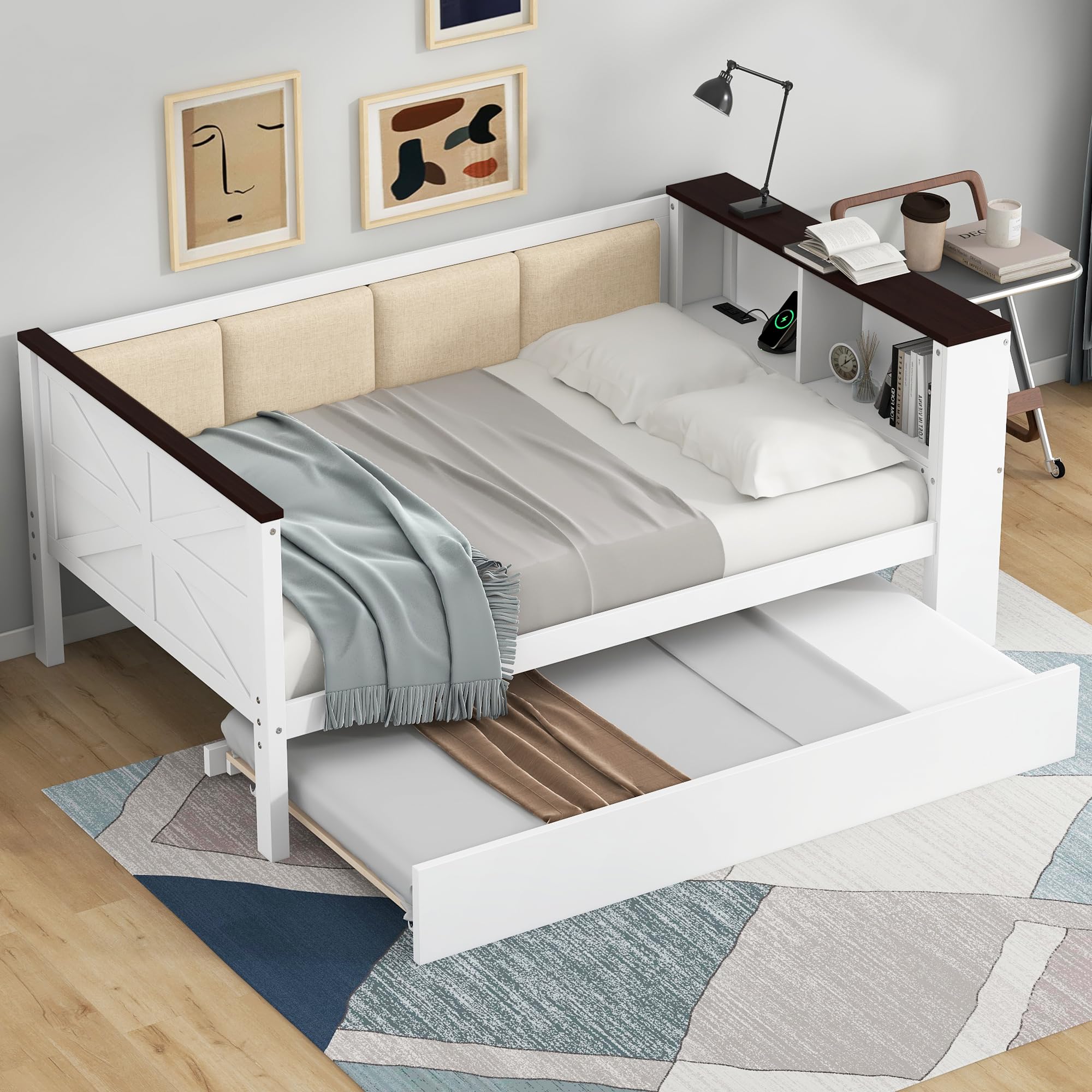 GDFStudio Farmhouse Twin Size Daybed with Trundle and Storage Shelves, Solid Wood Platform Twin Bed Frame with USB Charging, Upholstered Backrest, Slat Support, No Box Spring Needed, White