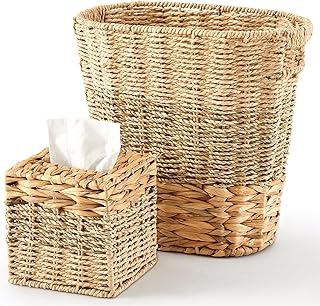 Geiserailie 15L Wicker Bathroom Trash Can with Tissue Box Cover, Boho Rattan Waste Basket Set, Handwoven Water Hyacinth Small Garbage Can with Handles for Bedroom Kitchen Office,Various Materials