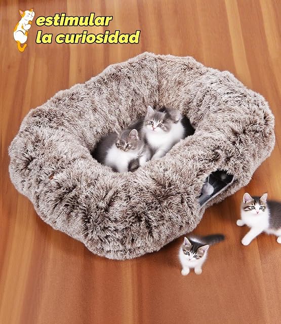 Foto 2 de 7 de Vuxava Cama Cueva XXL para Gatos con Túnel, 100x82 cm, Área de Descanso con Túnel de 180 cm, Lavable, Gris