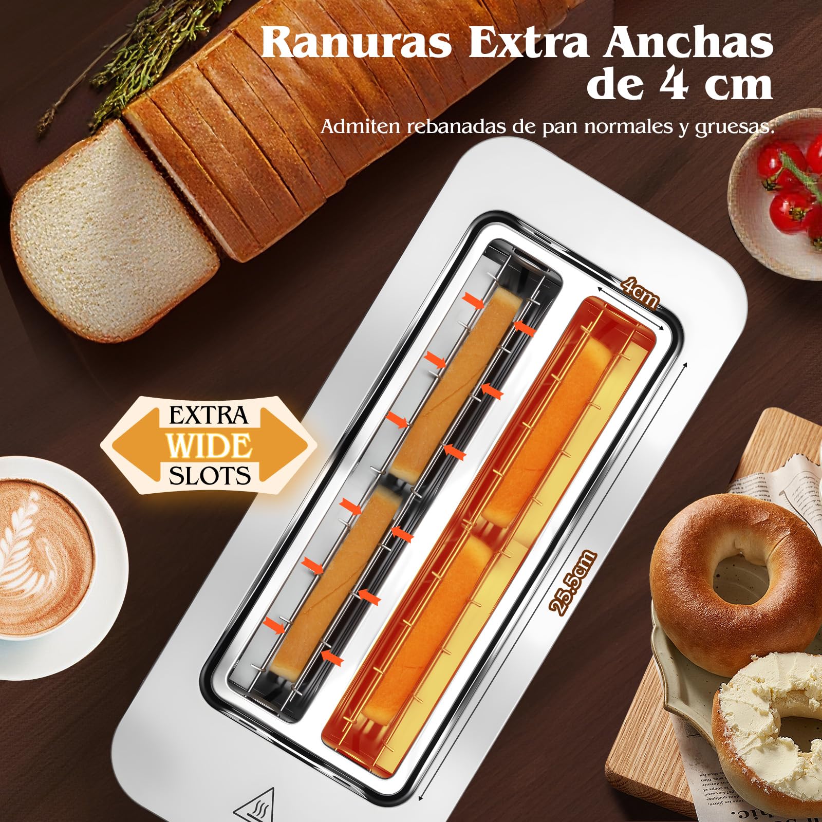 Aigostar Tostadora de 4 Rebanadas, Pantalla Táctil LED, Doble Ranura Larga y Extra Ancha de 4 cm, 6 Niveles de Tostado, Funciones de Recalentar, Descongelar y Parada, Acero Inoxidable, 1400W