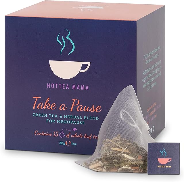 HOTTEA MAMA Take a Pause Menopause Tea 15 Bags | Raspberry Leaf, Ginseng, Green Tea, Gingko, Liquorice & Valerian | Whole Leaf Transition Tea for Peri & Post Menopause in Biodegradable Pyramid Bags |
