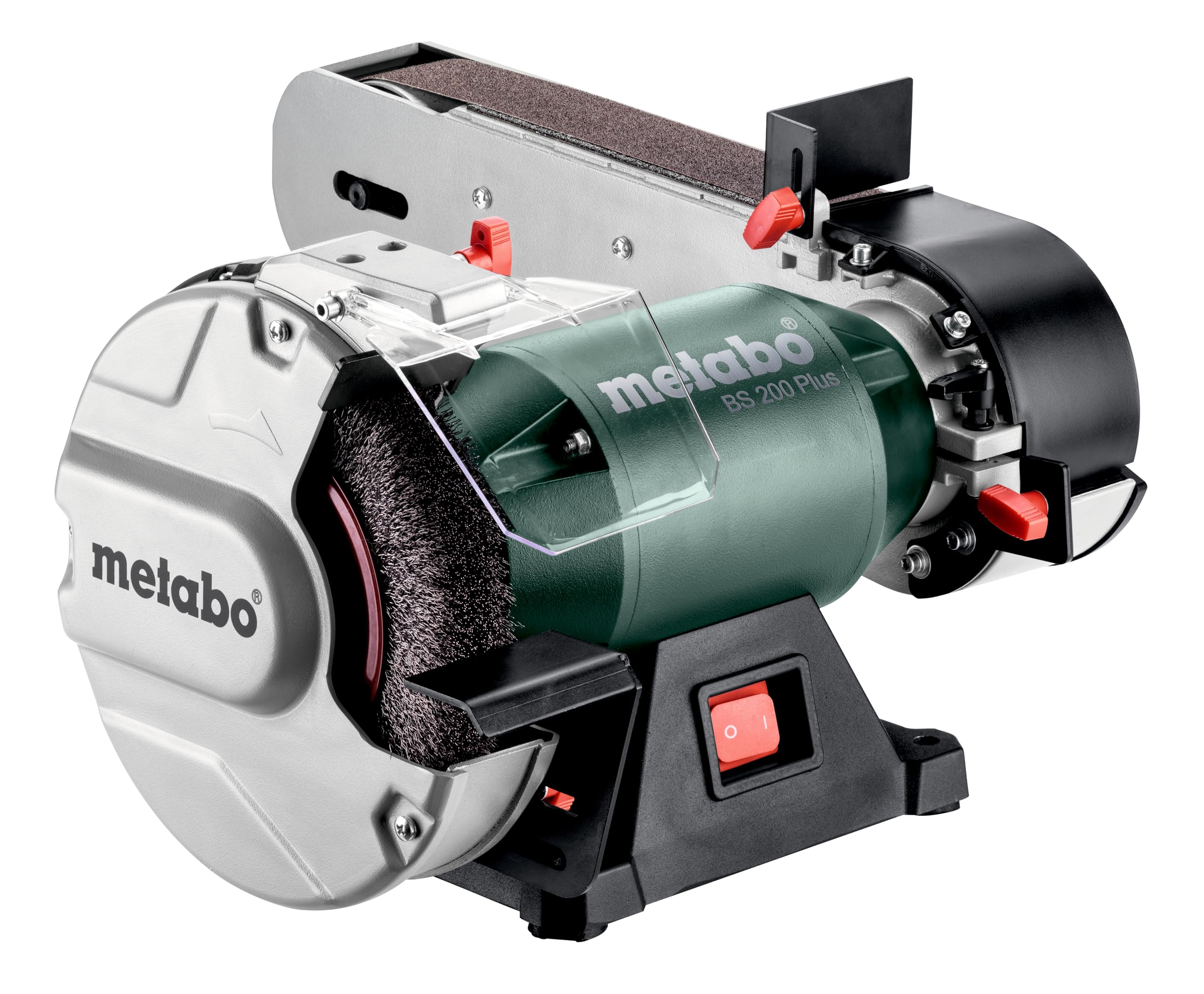 metabo BS 200 Plus Schleifmaschine, Elektrisch, Schärfgerät Holzschleifer | Schleifbock Kombimaschine mit Absaugung zum Entrosten, Messer Schärfmaschine, inkl. Schleifscheibe, Band & Zubehör