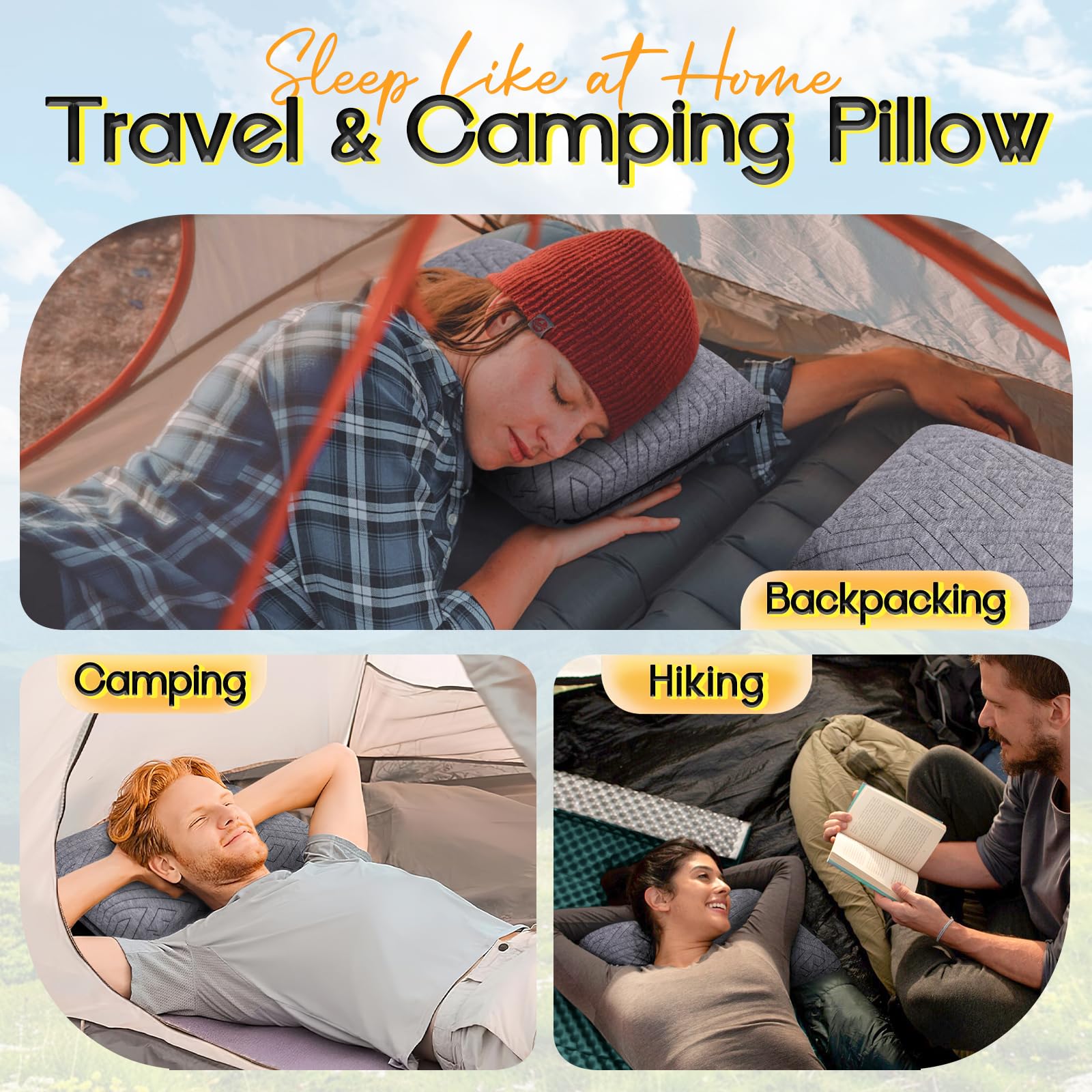 1 MIDDLE ONE Petit oreiller de voyage pour dormir, camping, mousse à mémoire de forme avec housse respirante pour randonnée, avion, voiture (39,5 x 30,5 cm)