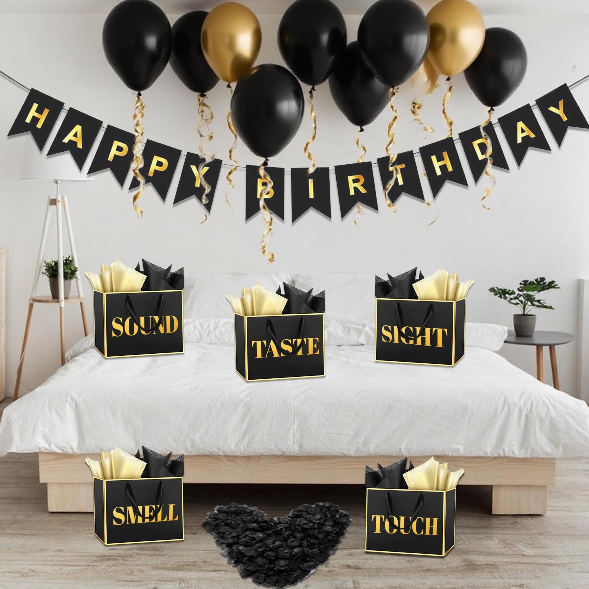 5 Senses Gift Bags For Him With Tissue Paper Rose Petals and Happy Birthday Banner Balloons for Birthday ,Wedding,Anniversary Party Decoration
