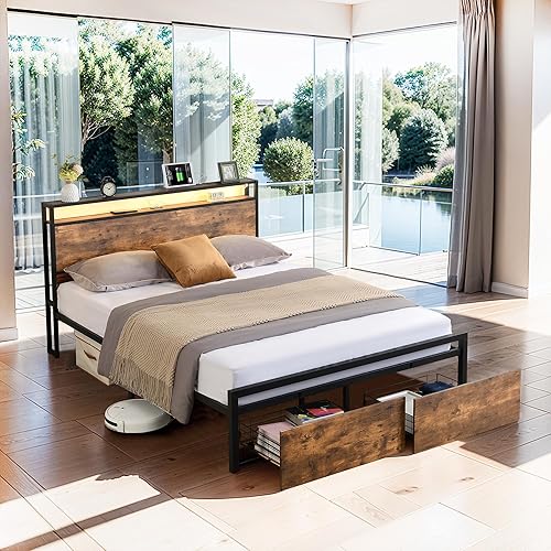 HAUSHECK Base de cama de tamaño matrimonial con cabecera de almacenamiento, estación de carga y espacios debajo de la cama de 11 pulgadas, marco de