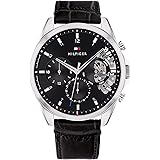 Tommy Hilfiger Men's Watch – Quartz Multifunction, 44 mm Stainless Steel Case, Skeleton Dial, Leather Strap – Dress Watch for Men
