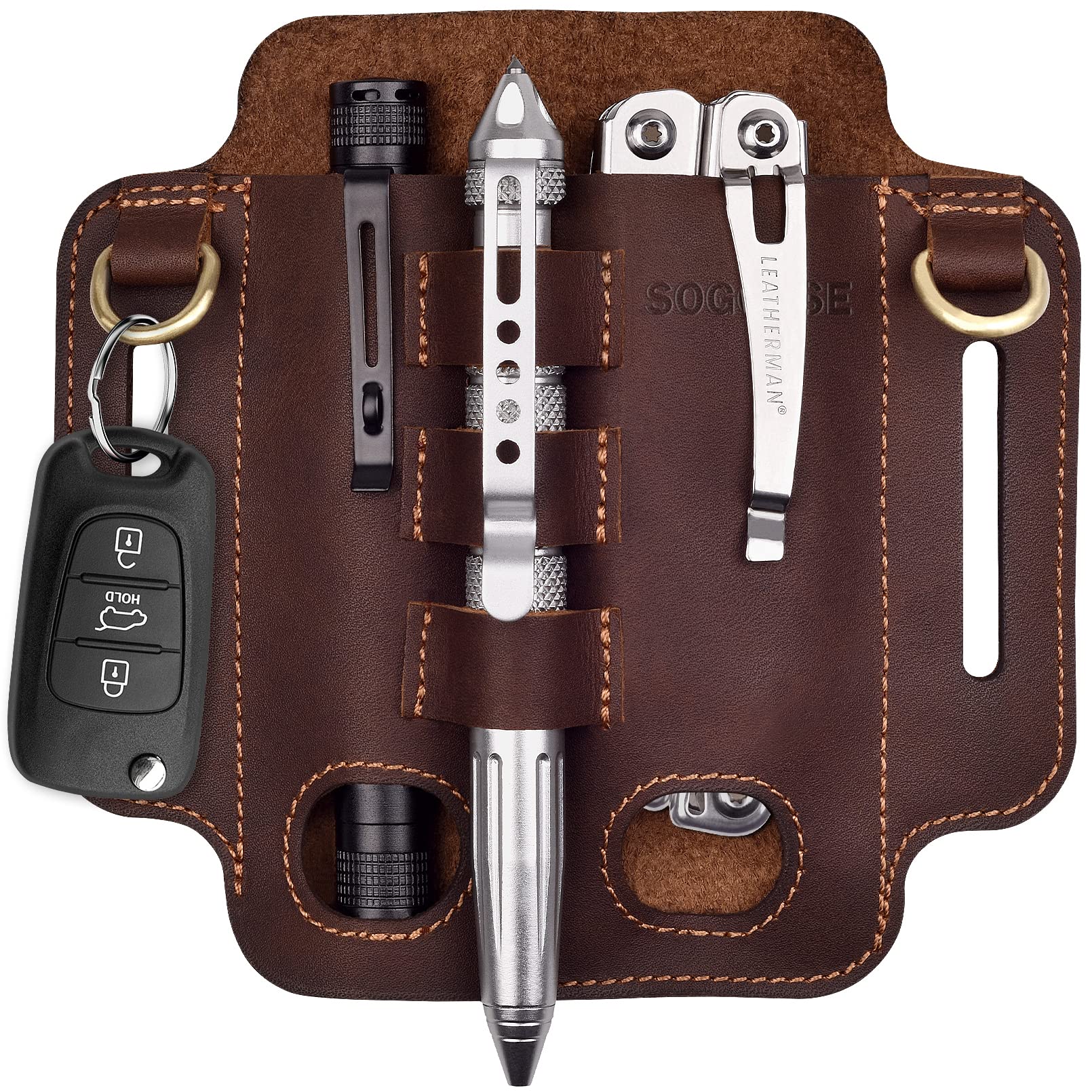 Leather Multitool Sheath, EDC Belt Organizer for 5.2" Multi-tools/Flashlight/Pens/Keys (Dark Brown)