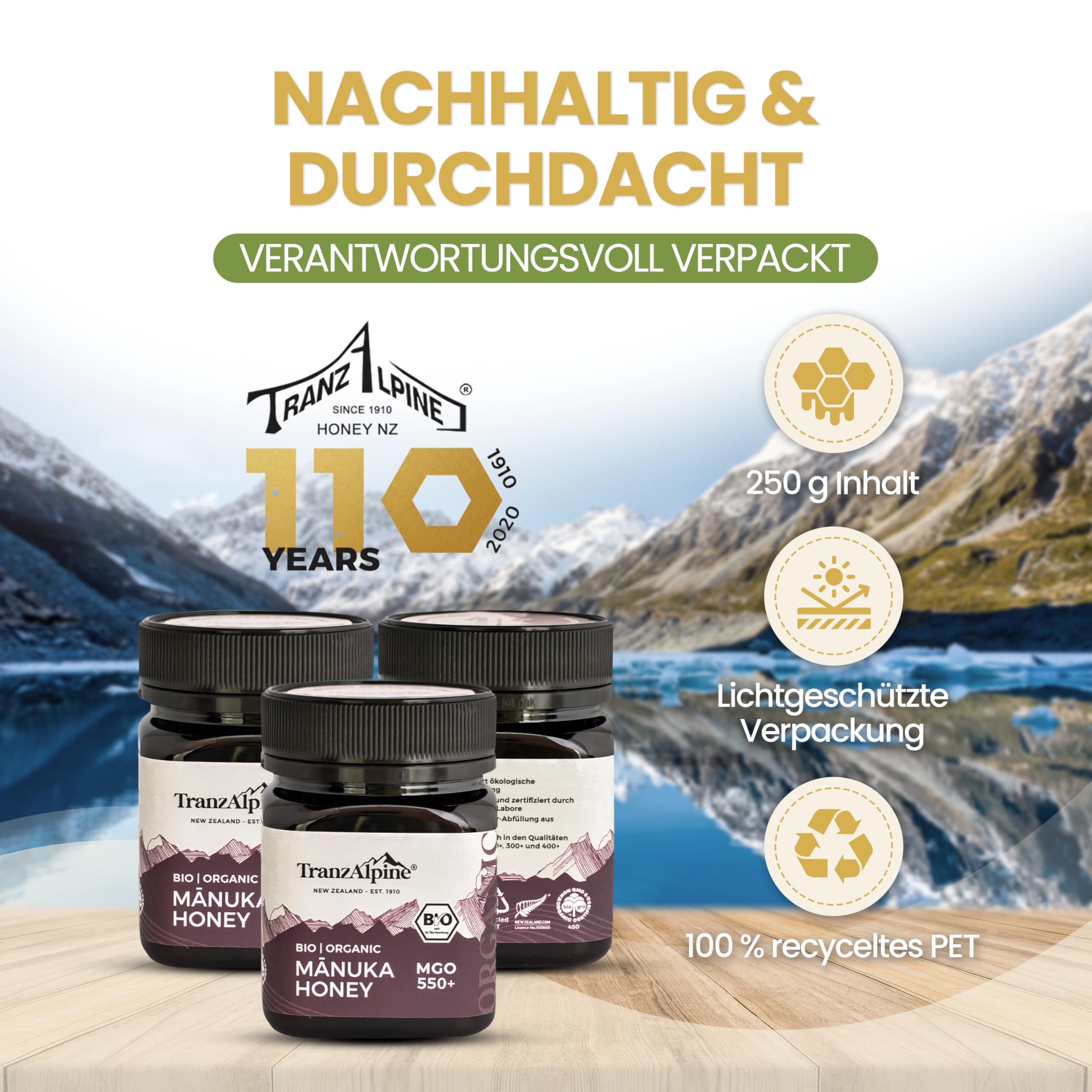 TranzAlpine Manuka Honig BIO-zertifiziert 250g - MGO 550+ | 100 % reiner Premiumhonig aus Neuseeland - Laborgeprüft & Original-Imkerabfüllung