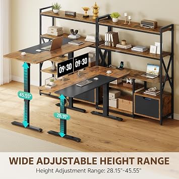 77.8 Inches L Shaped Standing Desk Corner Desk with Hutch Electric Height Adjustable Desk with Storage Shelves File Drawer Power Outlets Reversible Computer Gaming Desk for Home Office, Brown