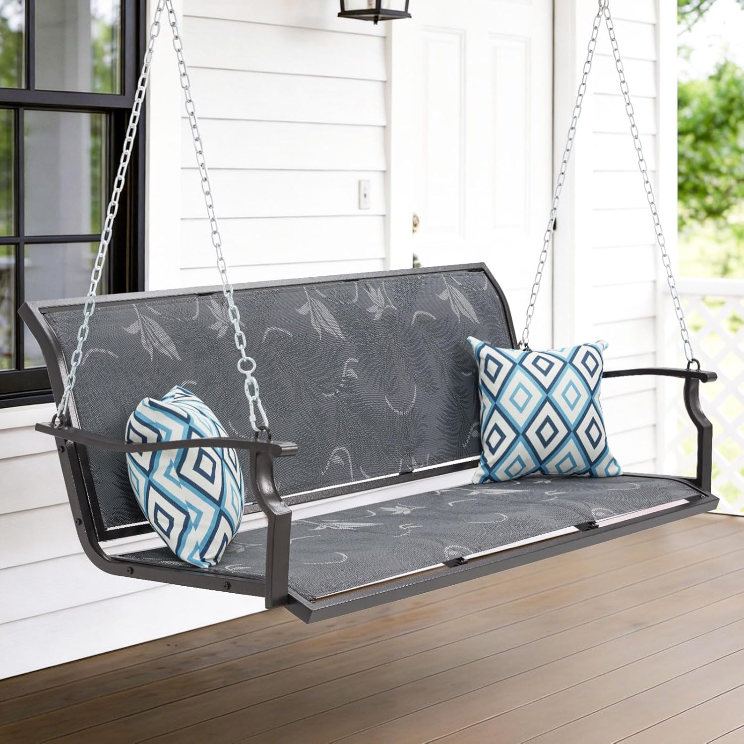 Heavy Duty Porch Swing Outdoor, 900LBS Capacity Textilene Hanging Bench Swing Chair with Extended Chains, 3-Seat Patio Swing with Pillows, Weather-Resistant for Outdoor, Patio, Backyard, Gray