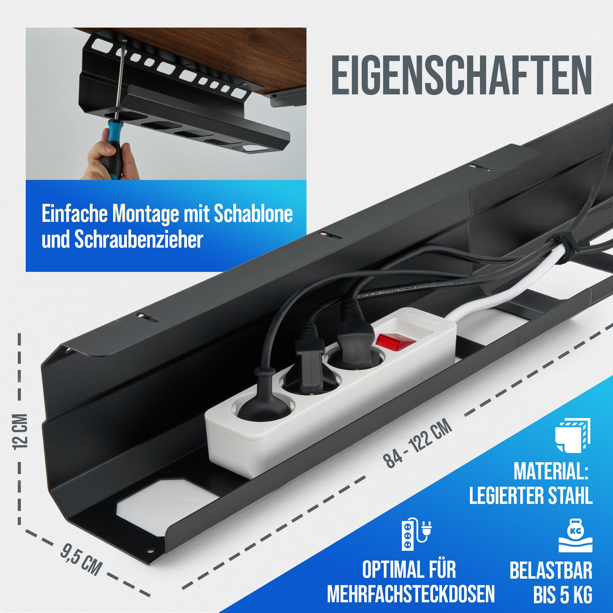 2GOODz Kabelkanal für Schreibtische 84-122 cm ausziehbare Kabelhalterung legierter Stahl