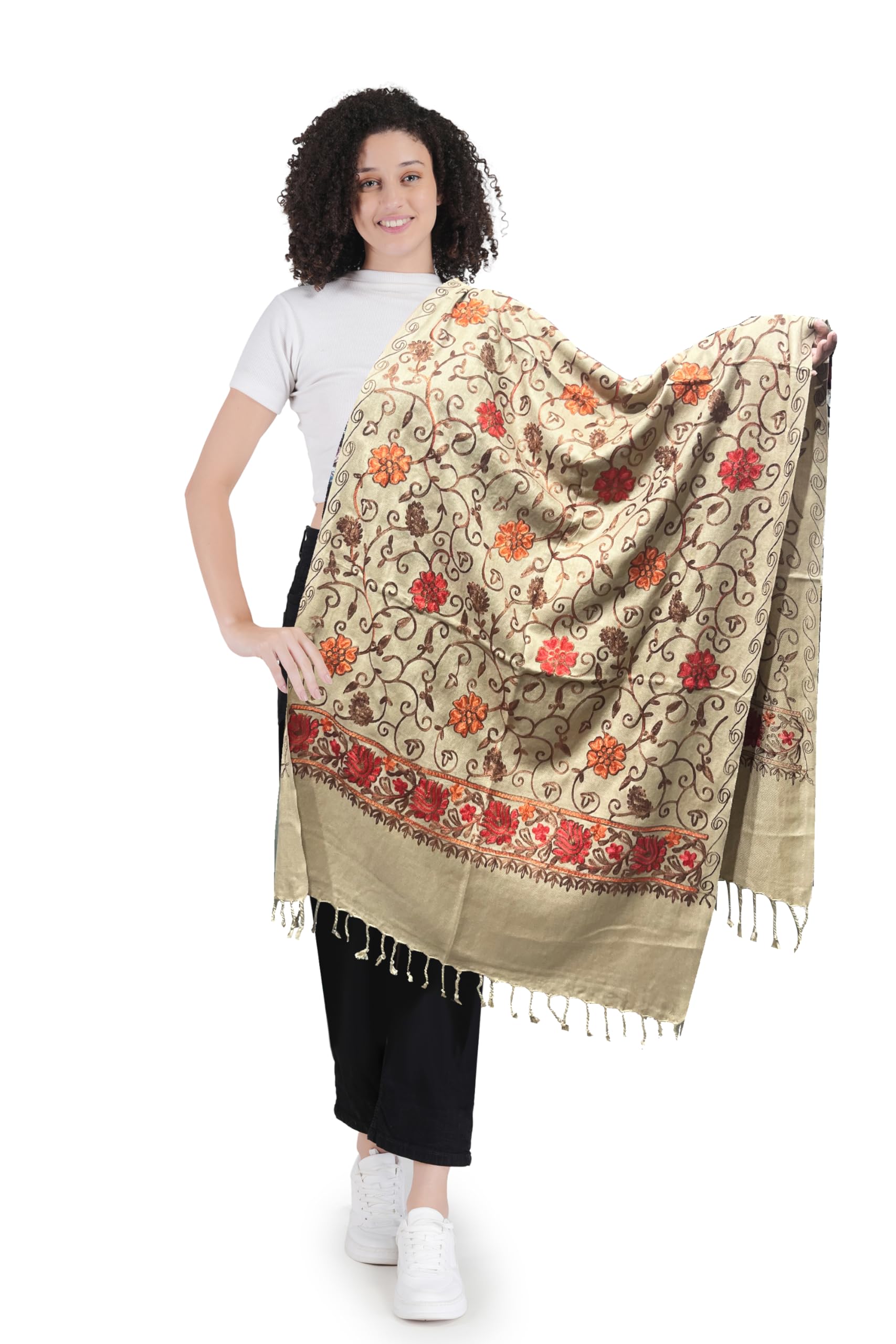 manra Women's Traditional Kashmiri Shawl Stole, Punjabi Heavy Embroidery Patterns, Ethnic Shawl, Warm and Soft, for Winter Wear-picture-14