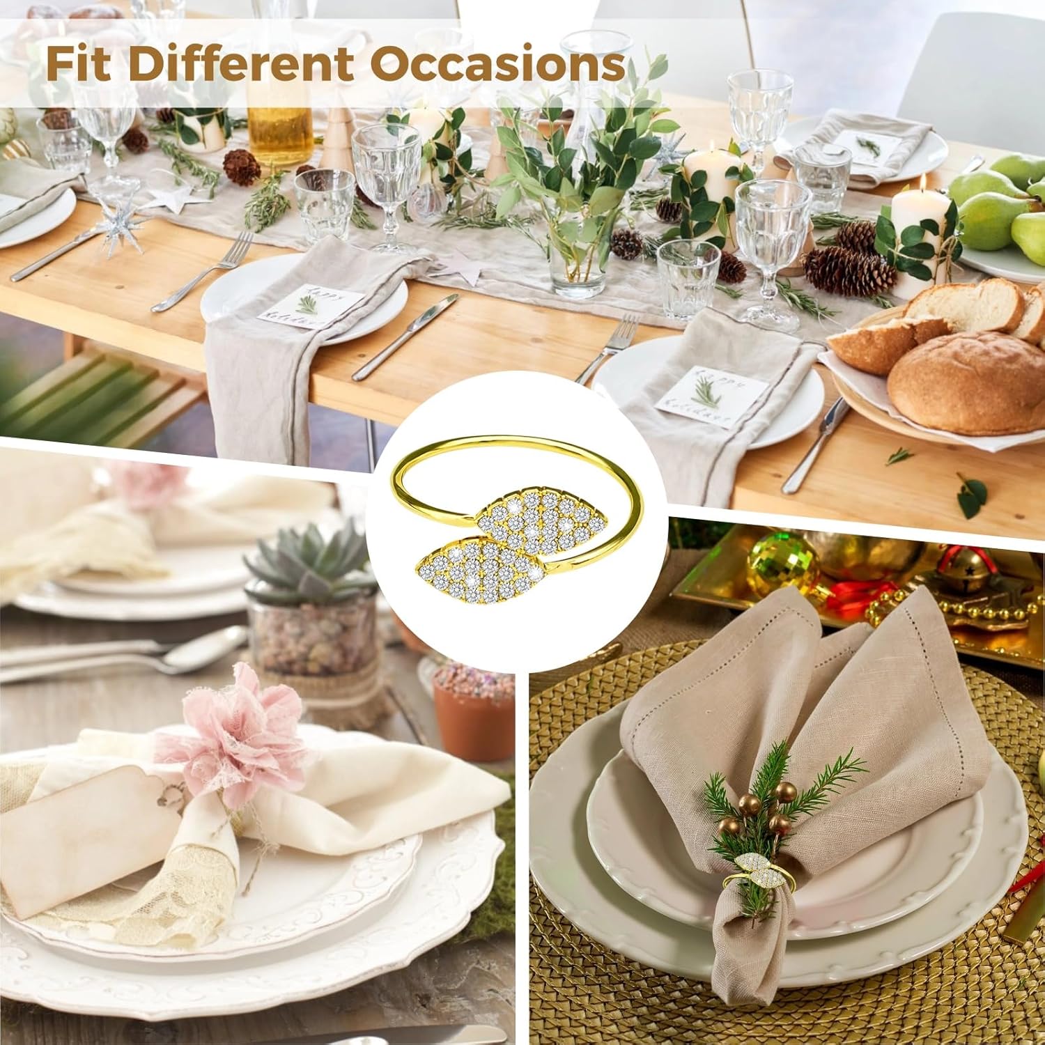 48 Pcs Napkin Rings, Gold Metal Leaf Napkin Holders, Glossy Rhinestone Napkin Buckles, Thanksgiving Dinner Table Decorations for Wedding, Party