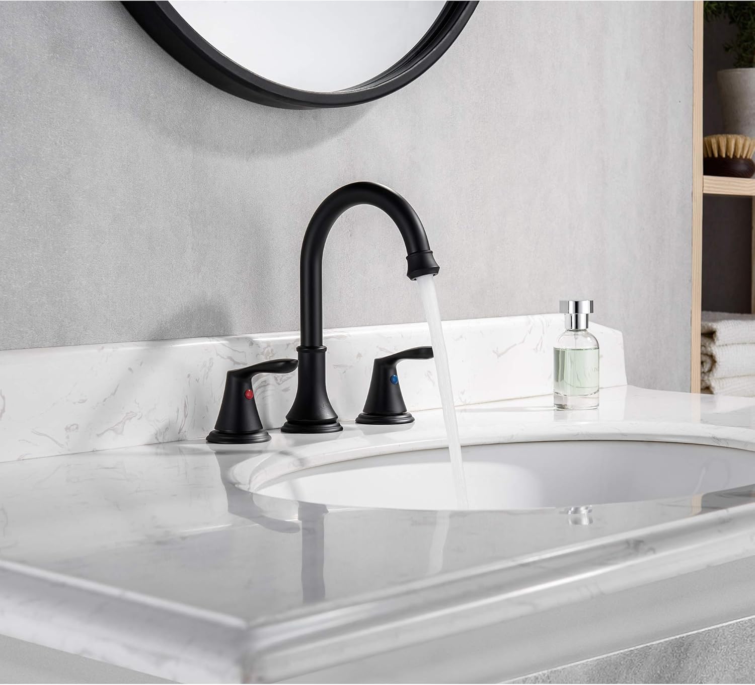 Matte Black 8 inch Bathroom Faucets Widespread, High-Arc 2-Handle Bathroom Vanity Sink Faucet for 3 Holes Wide Spread Set with 360 Degree Swivel Spout & Pop Up Drain