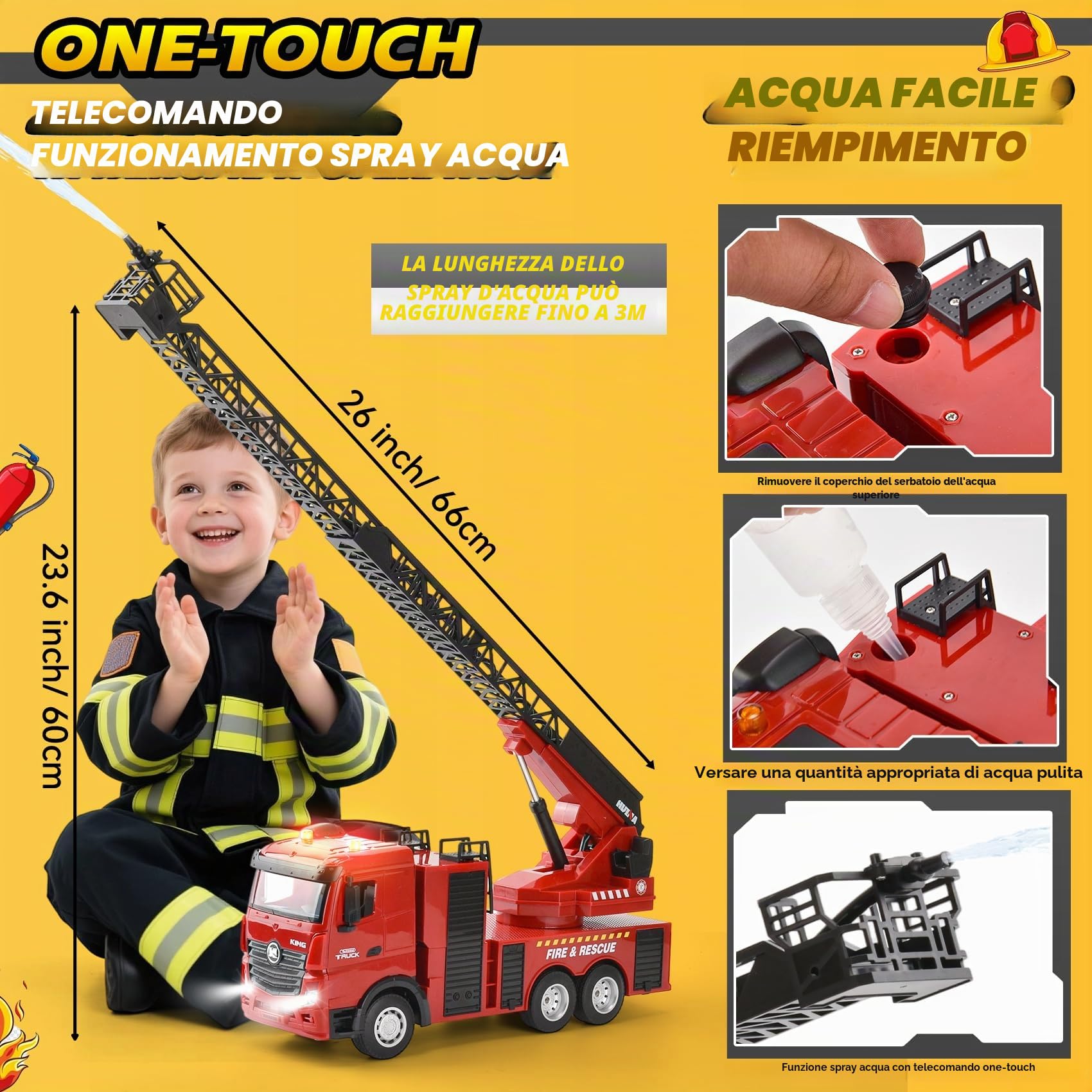 Grande Camion dei Pompieri RC 1:18, Camion Pompieri Giocattolo con Scala Girevole 270° e Funzione Spruzzatrice, 7.4V Ricaricabile, Giocattoli Vigili del Fuoco per Bambini dai 3 ai 12 anni