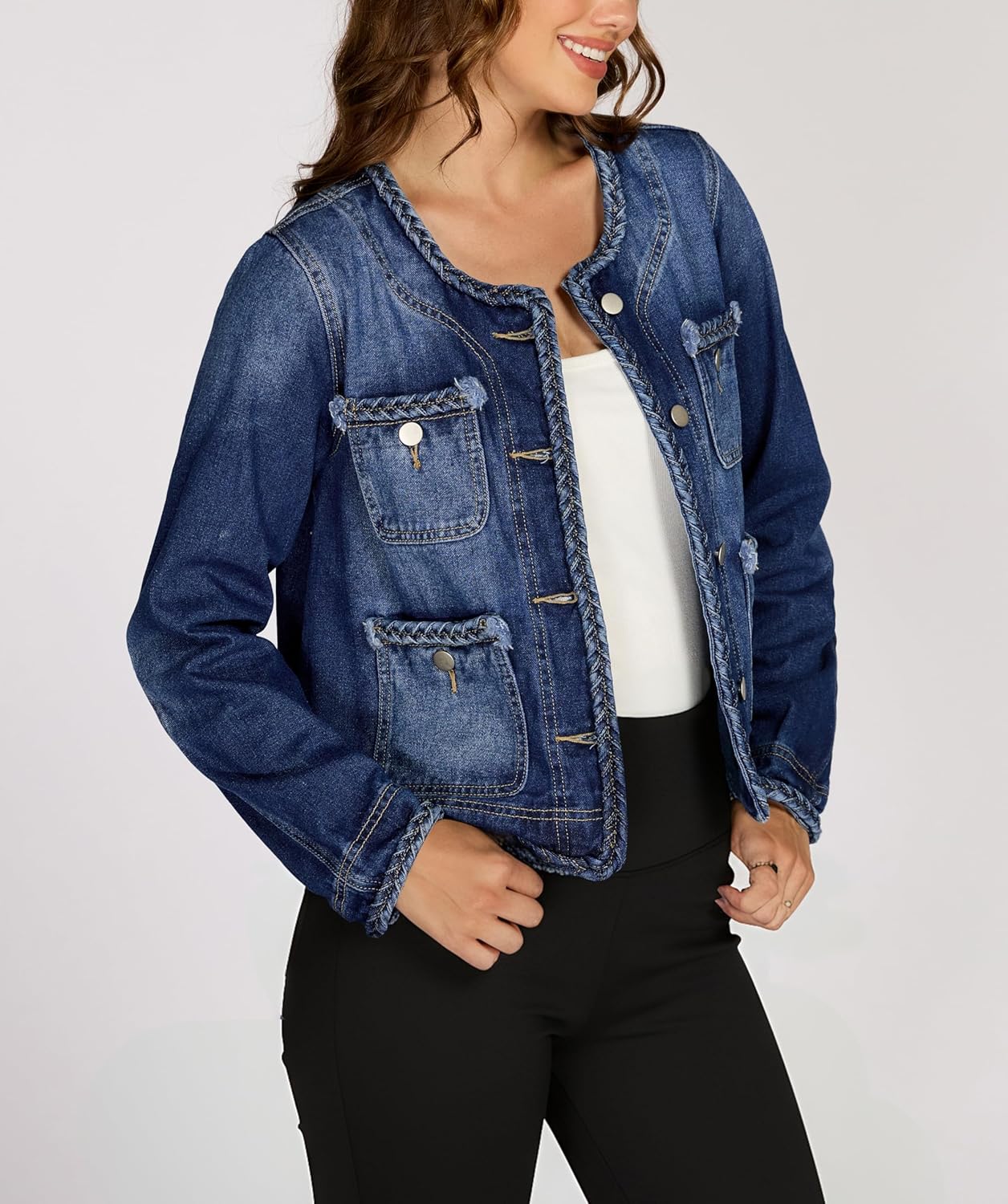 Ladyful Braided Trim Denim Jacket for Women Collarless Button Down Long Sleeve Cropped Jean Coat Outerwear - Image 4