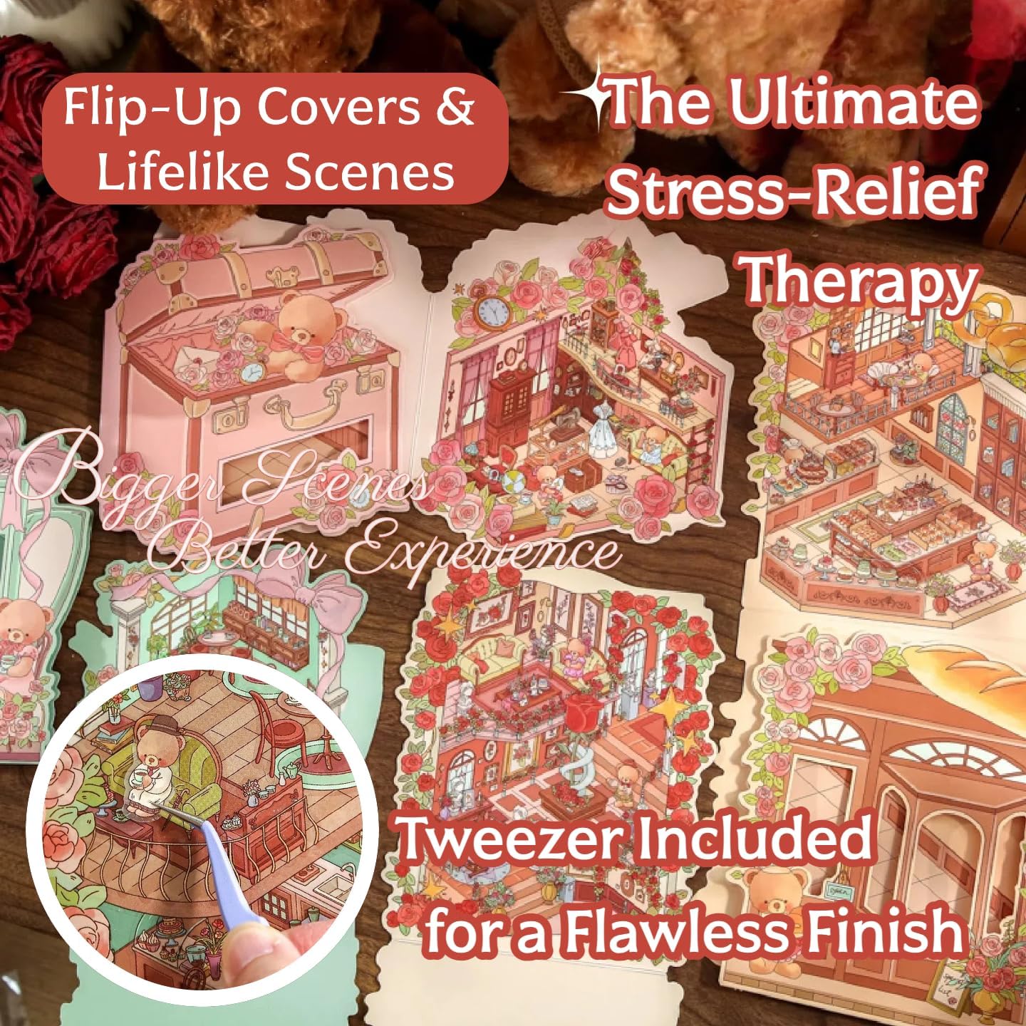 3D DIY Foldable Scene Sticker Art Therapy for Adults & Kids - 4 Large Sets with Tweezer, Build Your Bear's Dreamhouse. Perfect for Stress Relief & Creative Fun & Gift image 3