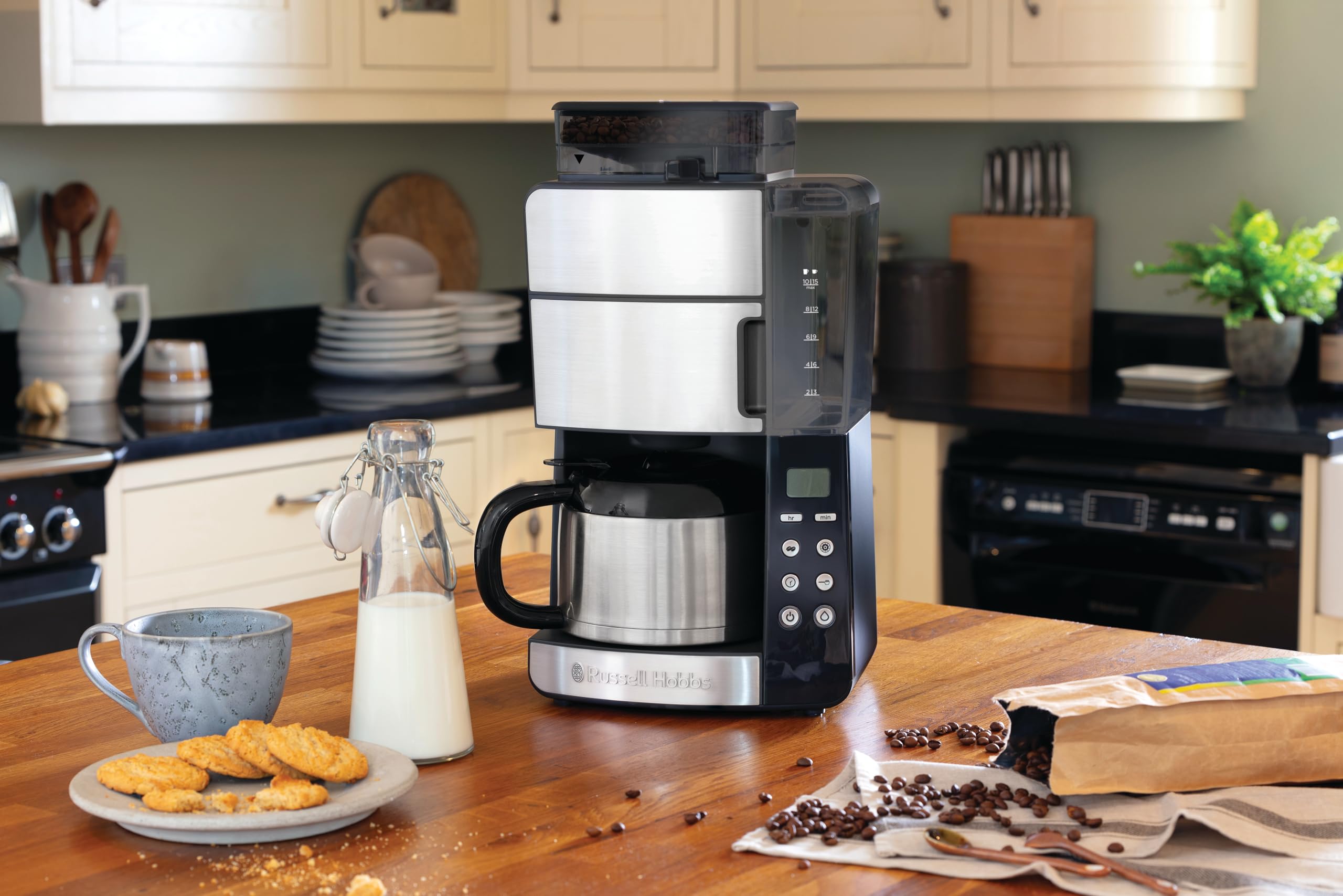 Russell Hobbs Macchina Caffè Americano con Macinacaffé Integrato - Timer digitale, Filtro per Estrazione e Aroma ottimali - Caraffa Termica; Max 10 tazze, 3 livelli di Macinatura, Grind&Brew 25620-56