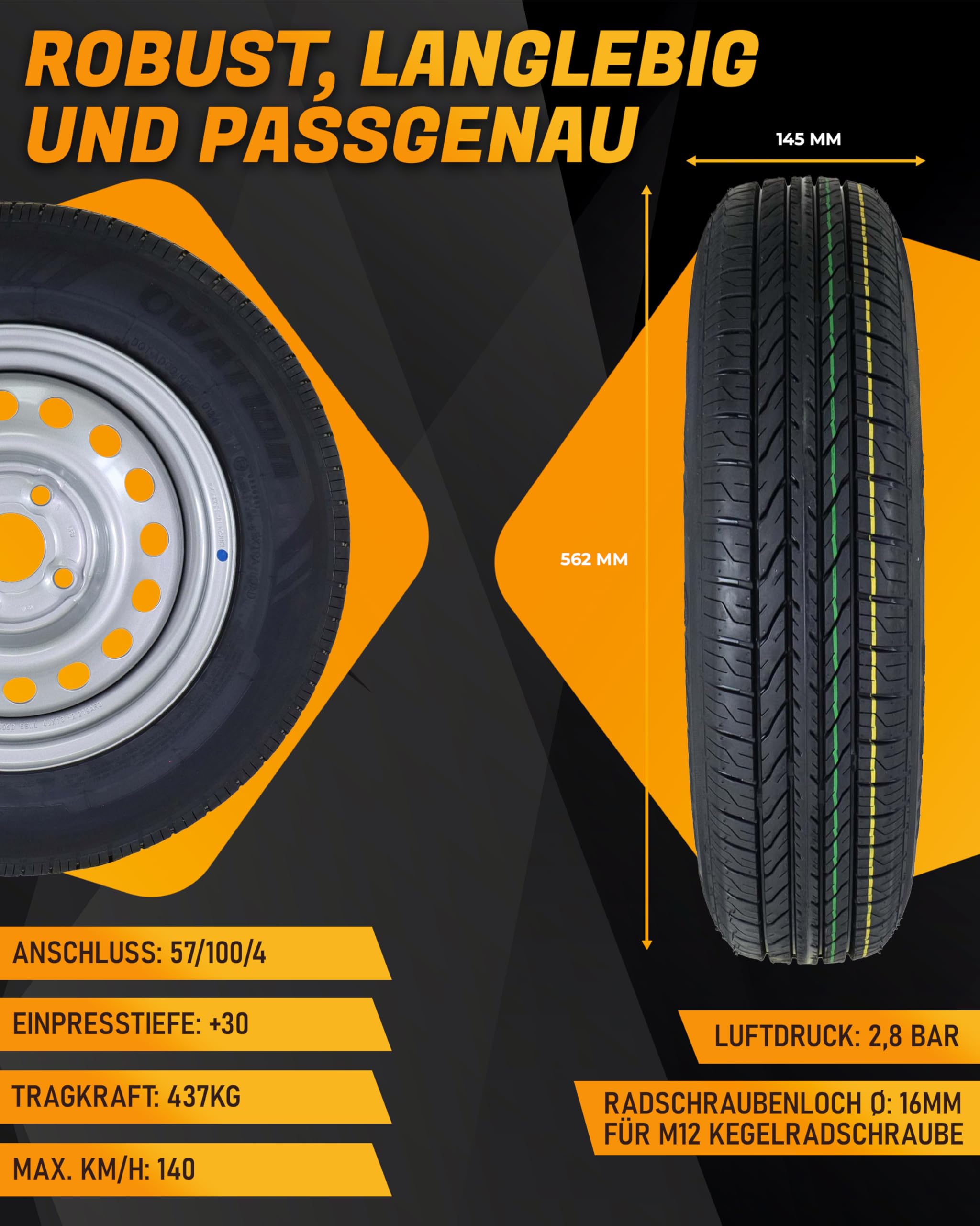 The Drive Komplettrad 145/80R13 79N XL M+S für Pkw-Anhänger & Caravan – Felge 4Jx13 H2 ET30 – Lochkreis 4x100 – Tragkraft 437kg – max. 140 km/h – hochwertiges Ersatzrad