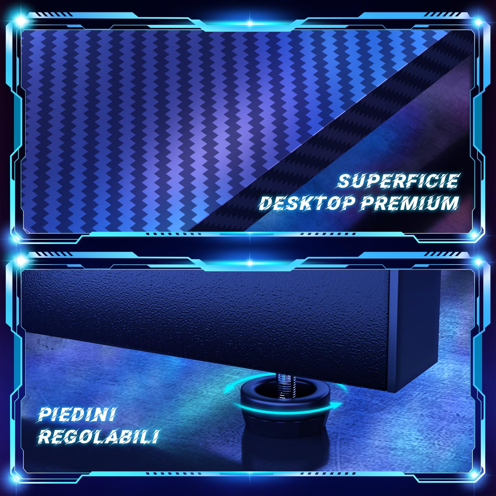 JUMMICO Scrivania Angolare, Scrivania Gaming 120x120cm - Tavolo da gioco a L con Supporto Reversibile per lo Schermo - Versatile (gioco/lavoro/studio) - Rivestita in Carbonio - Nero