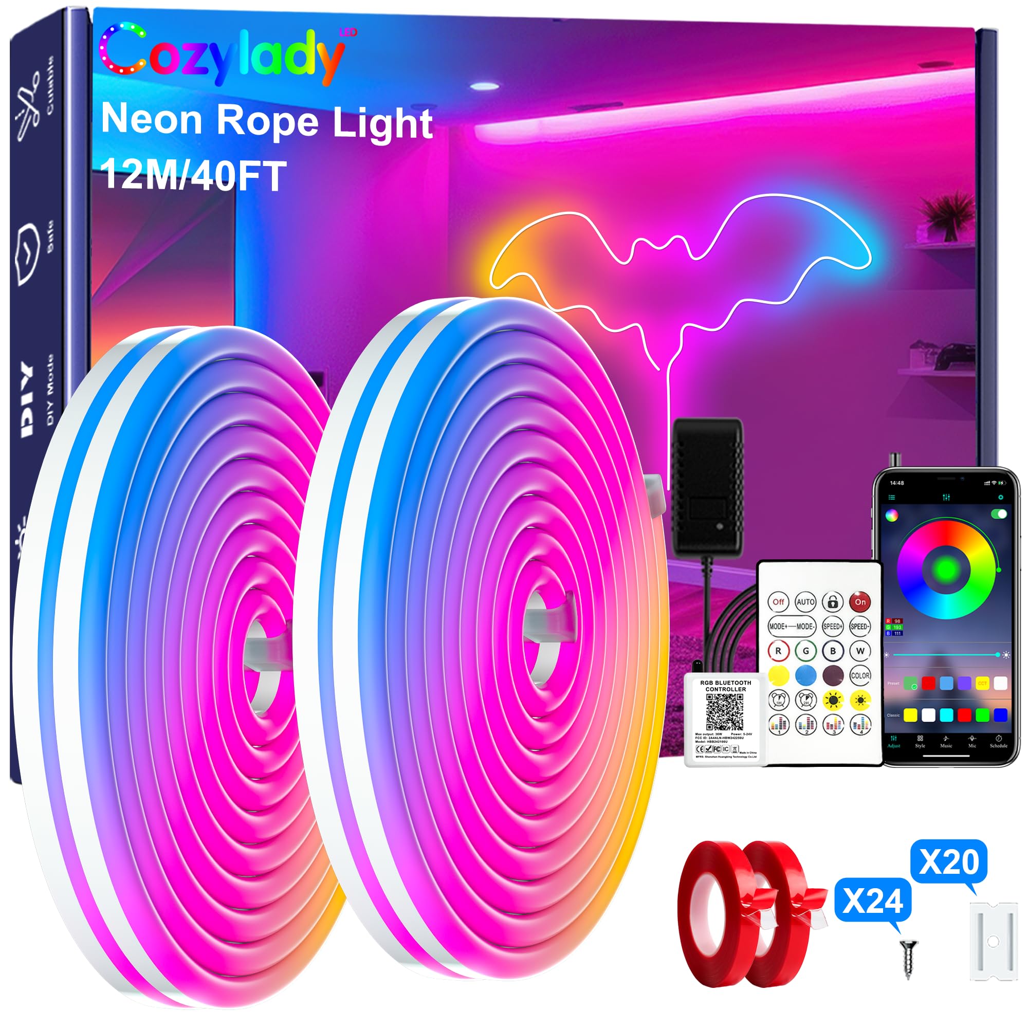 Cozylady RGB Neon LED Rope Lights, Waterproof Bluetooth APP Remote Control Music Sync Strip Lights, 24V Flexible DIY Silicone Light for Bedroom Home